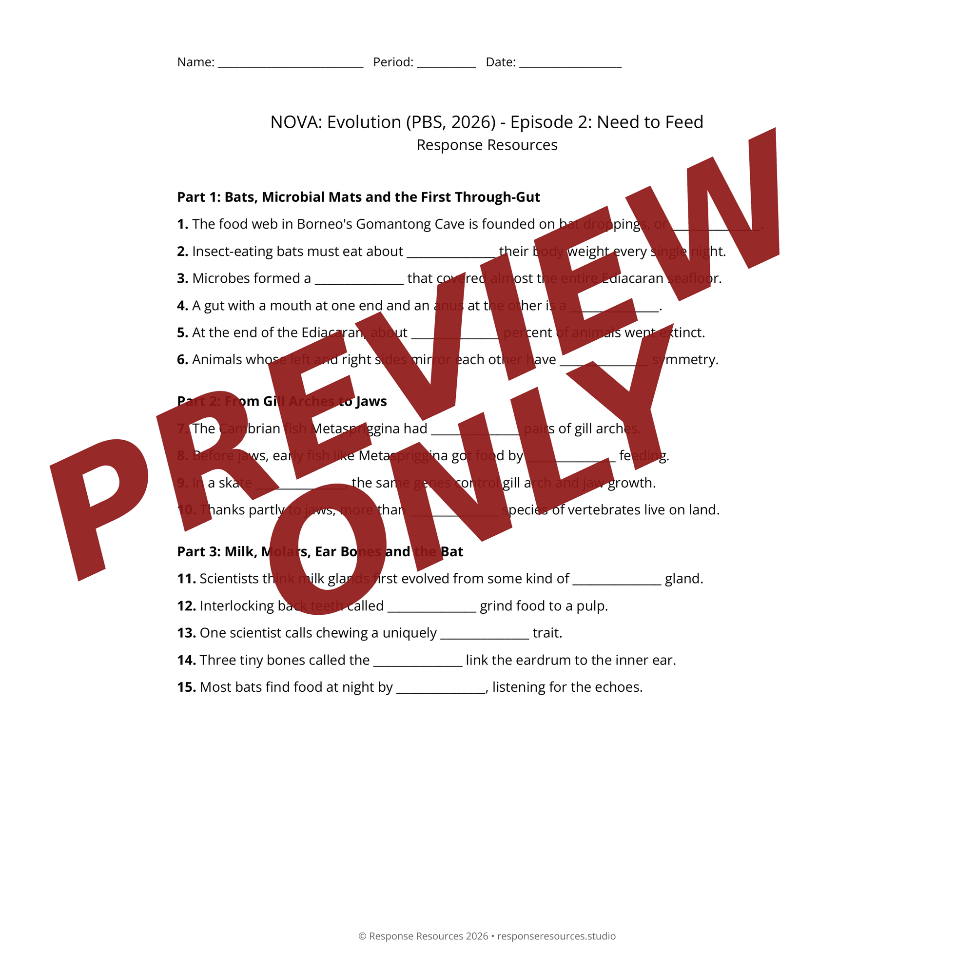 Preview of NOVA: Evolution (PBS, 2026) - Episode 2: Need to Feed worksheet — fill-in-the-blank documentary worksheet for Biology