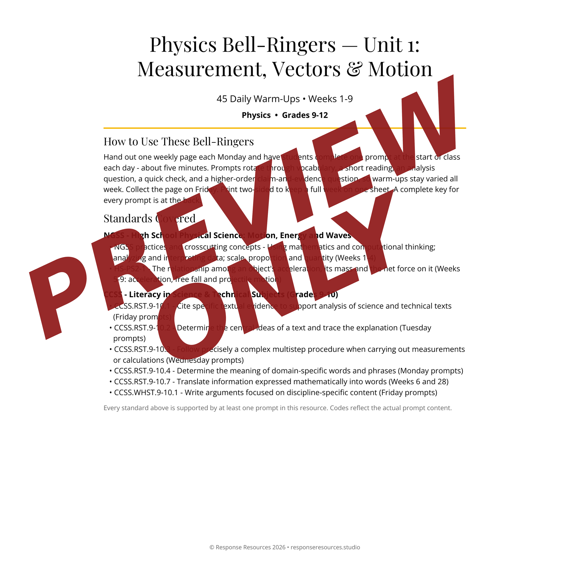 Preview page of Physics Bell-Ringers — Unit 1: Measurement, Vectors & Motion