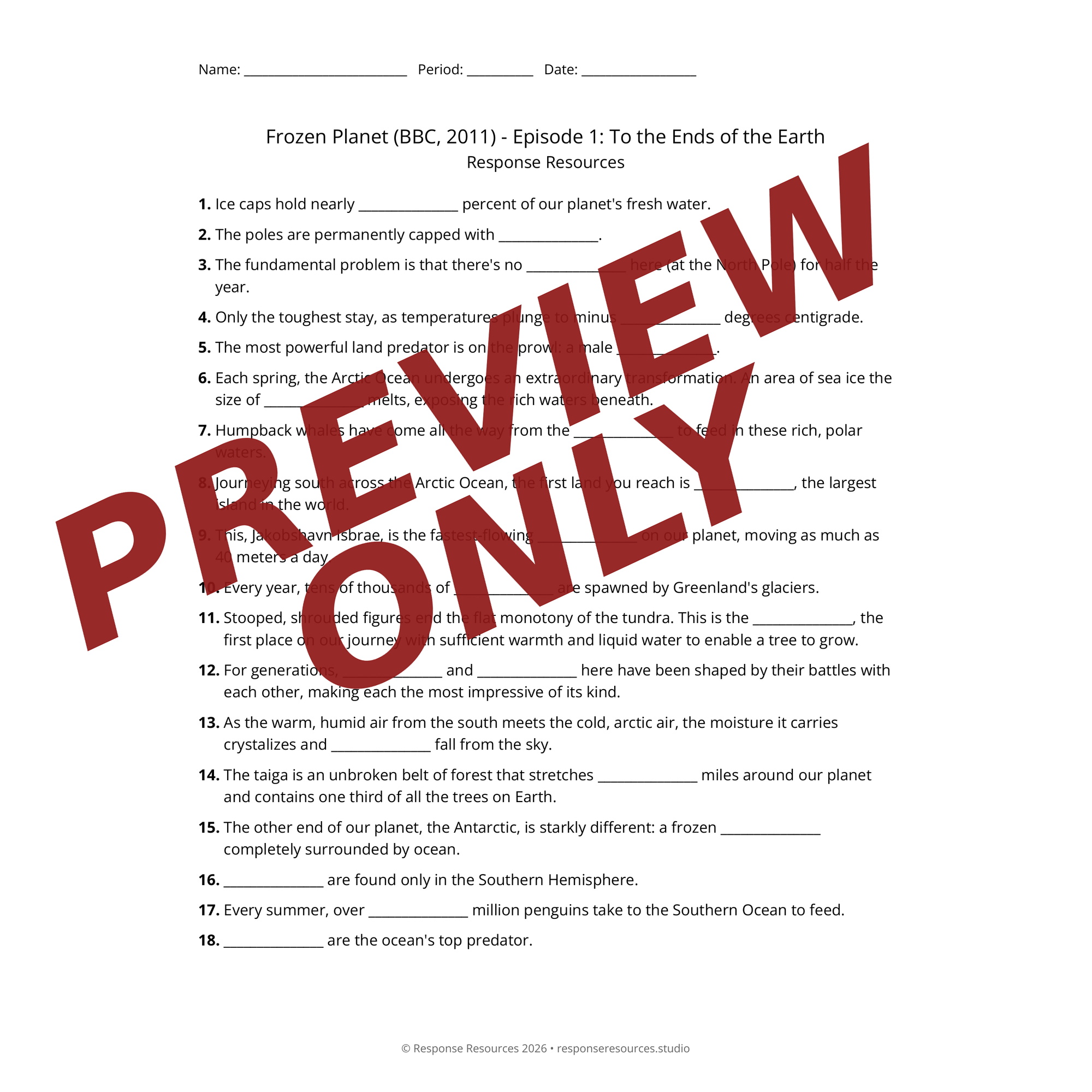 Preview page from Frozen Planet (BBC, 2011) — fill-in-the-blank documentary worksheet for Earth Science