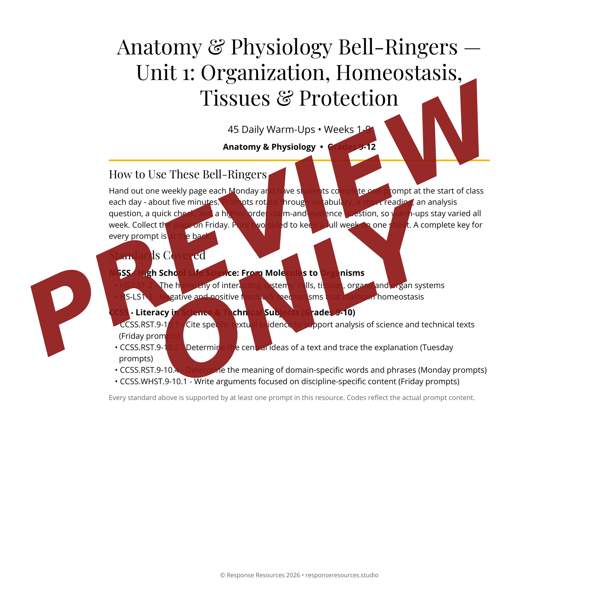 Preview page of Anatomy & Physiology Bell-Ringers — Unit 1: Organization, Homeostasis, Tissues & Protection