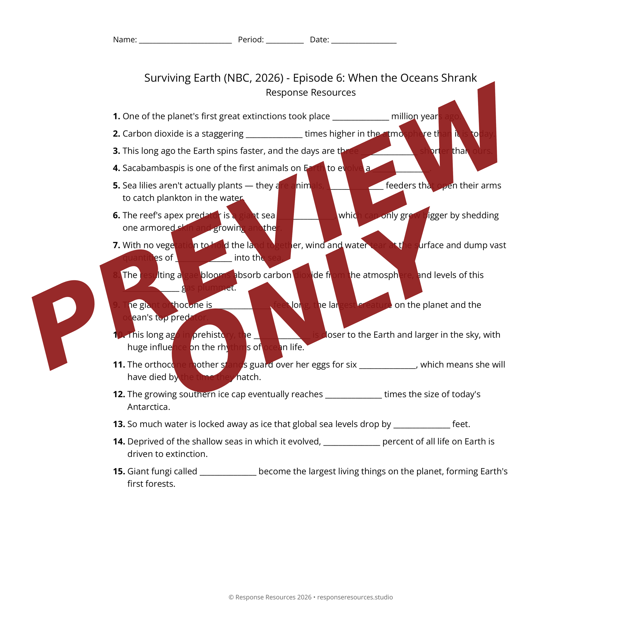 Preview of Surviving Earth (NBC, 2026) - Episode 6: When the Oceans Shrank worksheet — fill-in-the-blank documentary worksheet for Earth Science