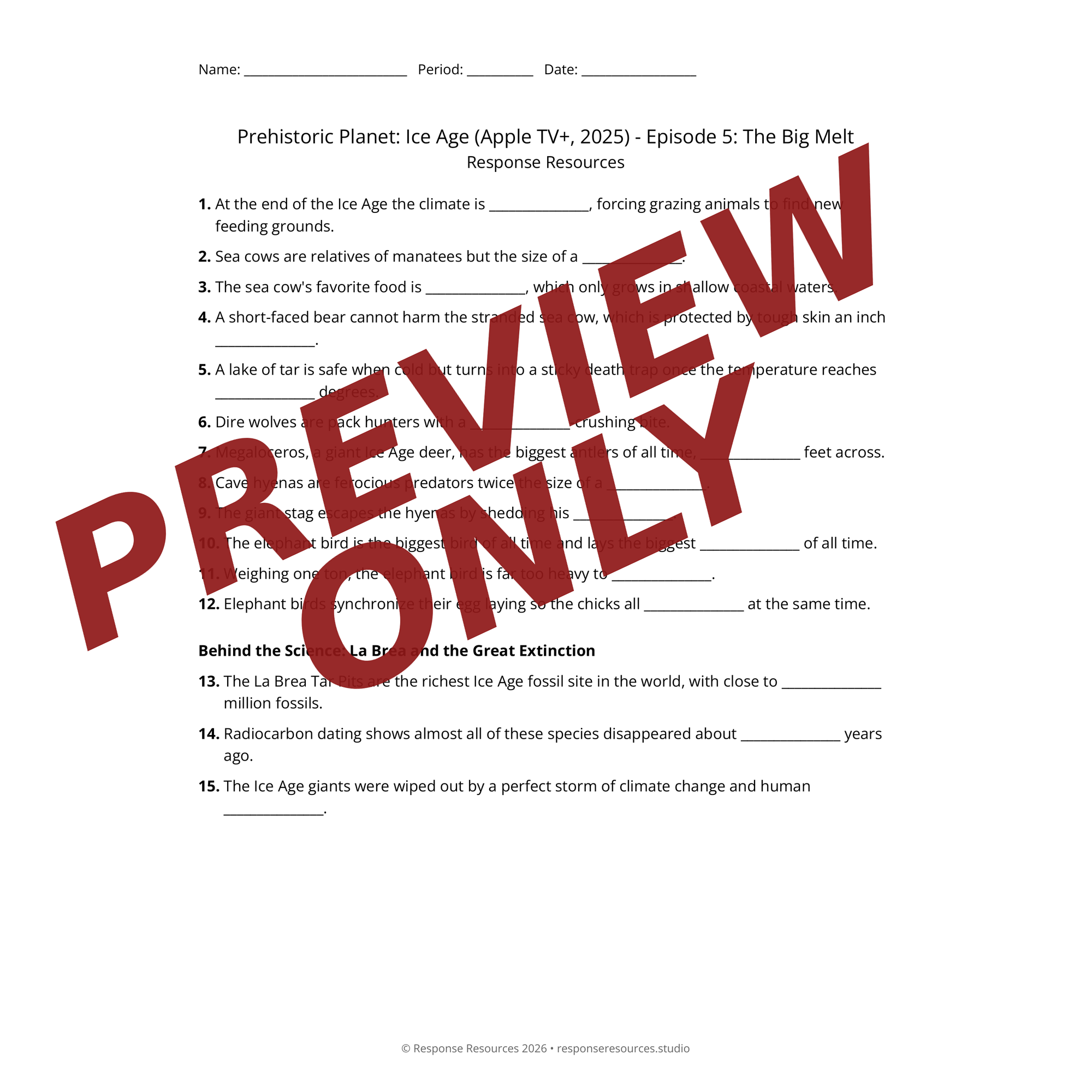 Preview of Prehistoric Planet: Ice Age (Apple TV+, 2025) - Episode 5: The Big Melt worksheet — fill-in-the-blank documentary worksheet for Earth Science