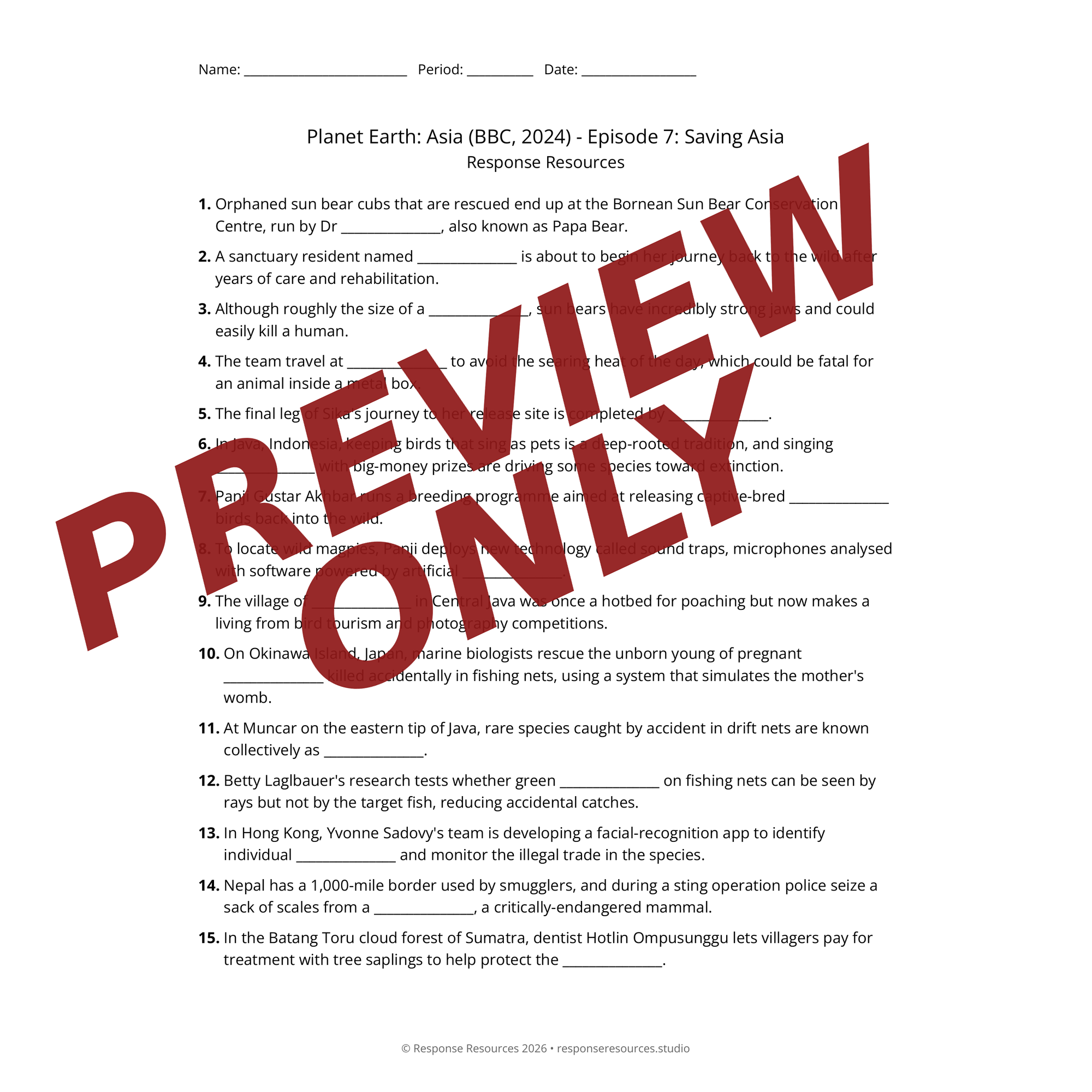 Preview of Planet Earth: Asia (BBC, 2024) - Episode 7: Saving Asia worksheet — fill-in-the-blank documentary worksheet for Environmental Science