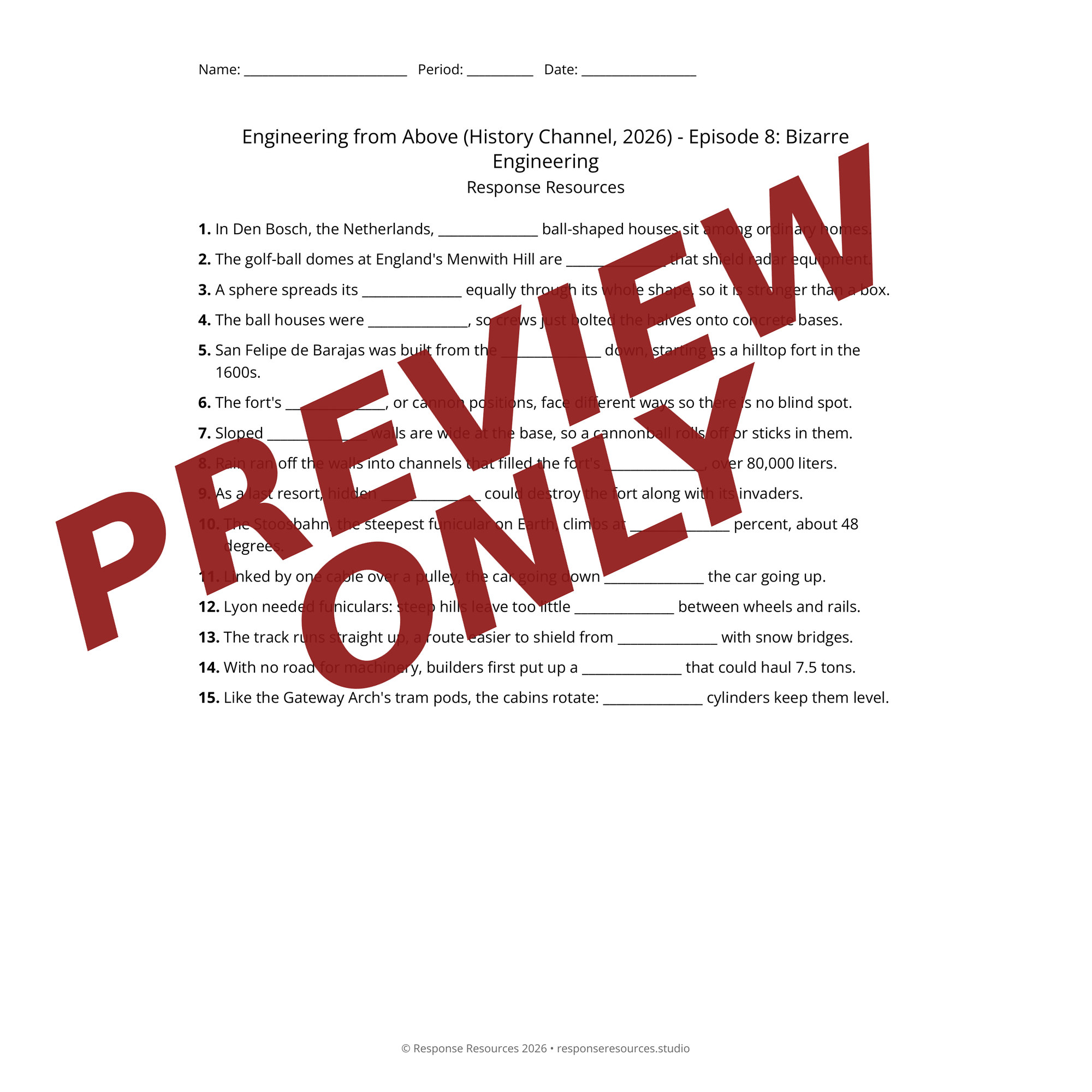 Preview of Engineering from Above (History Channel, 2026) - Episode 8: Bizarre Engineering worksheet — fill-in-the-blank documentary worksheet for World History