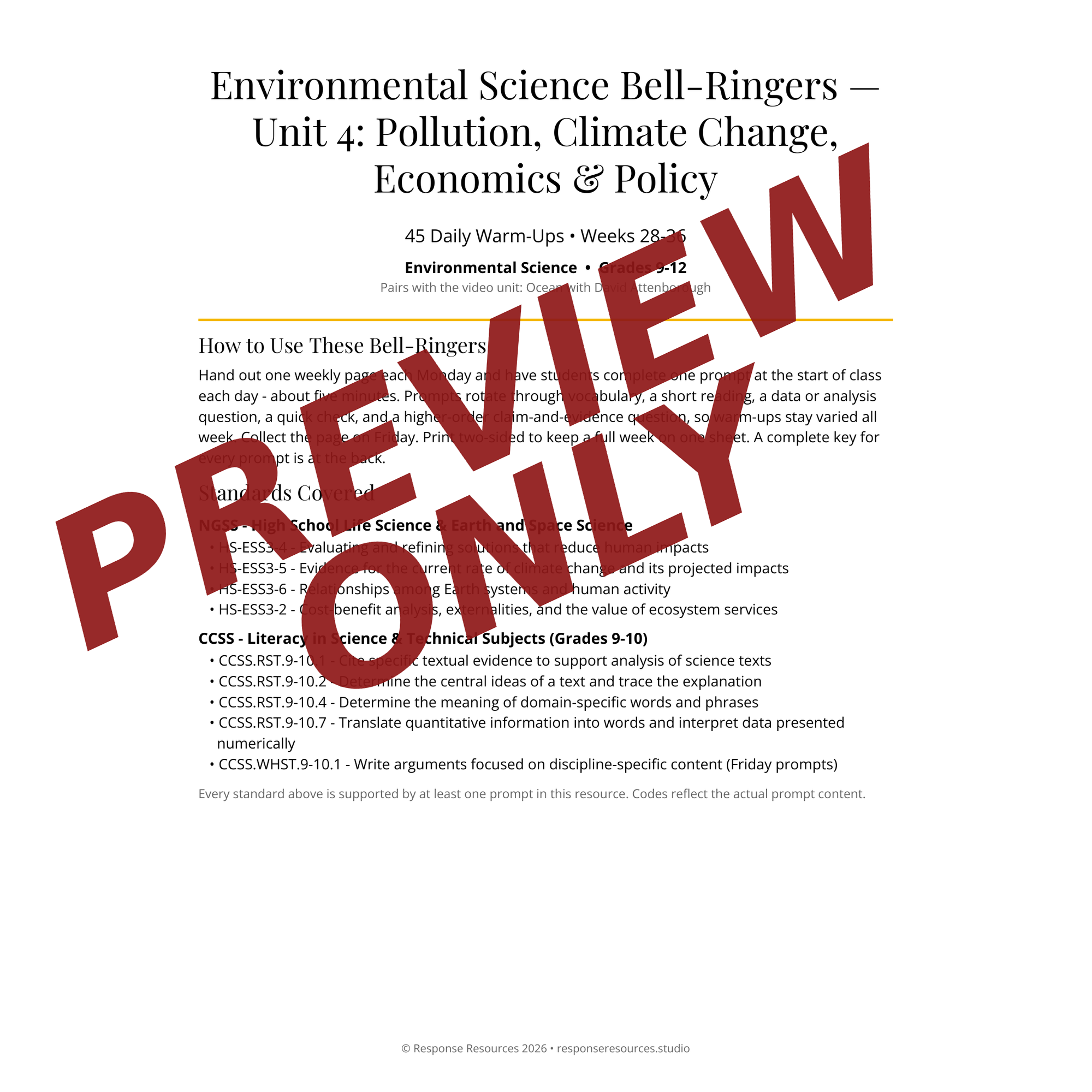 Preview page of Environmental Science Bell-Ringers — Unit 4: Pollution, Climate Change, Economics & Policy