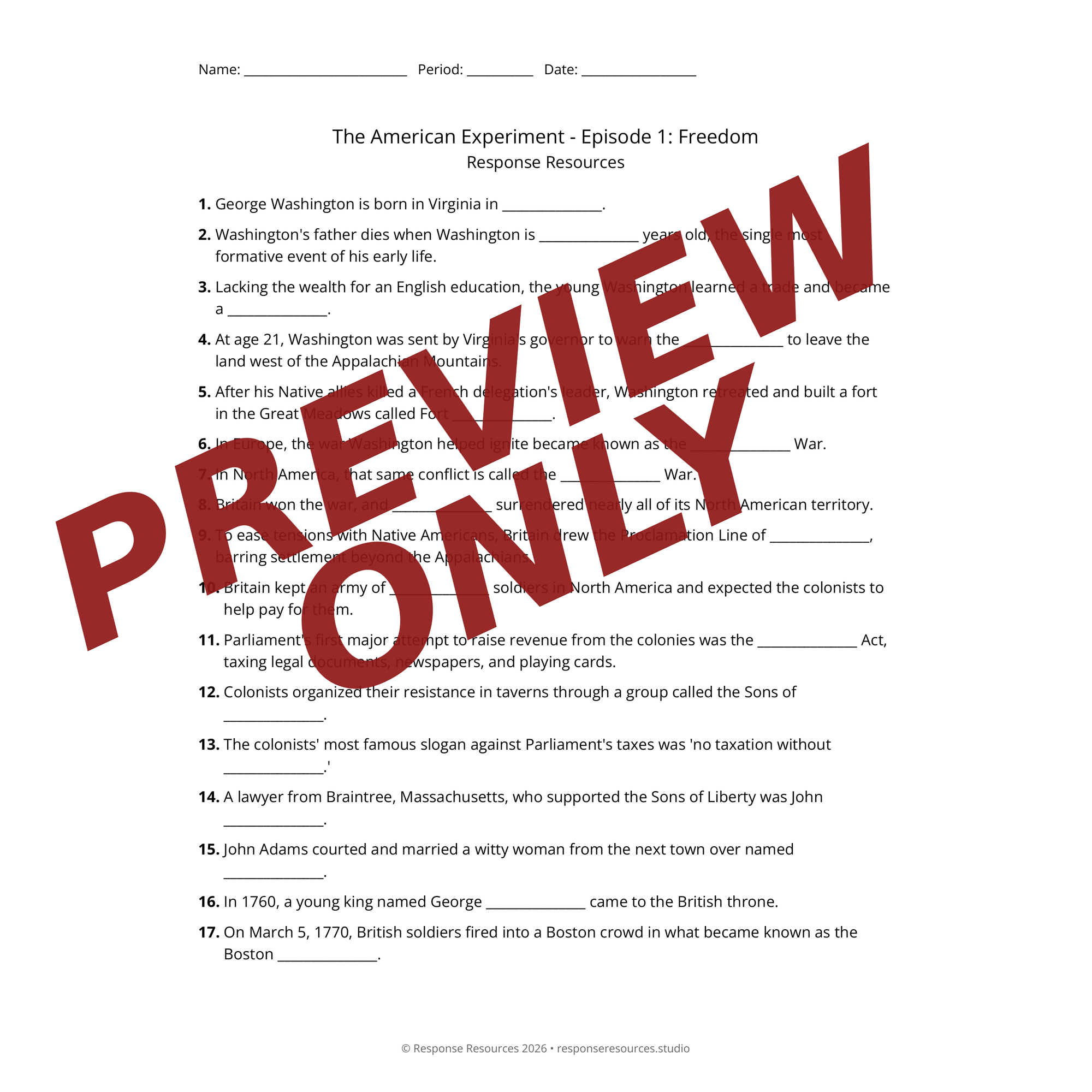 Preview of The American Experiment - Episode 1: Freedom worksheet — fill-in-the-blank documentary worksheet for US History