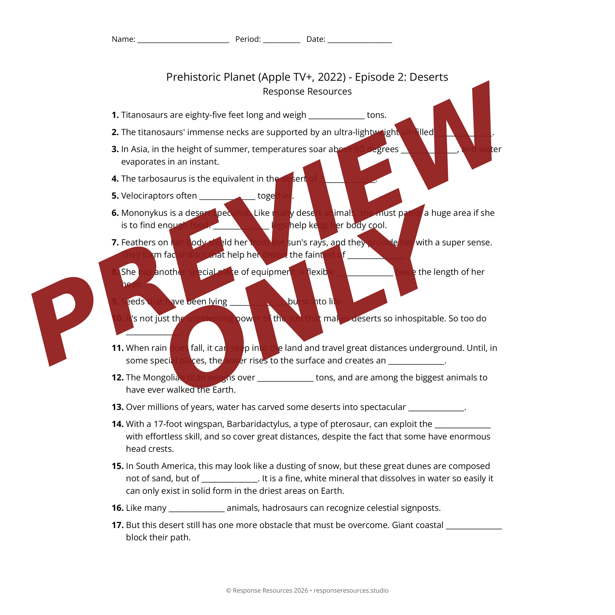 Preview of Prehistoric Planet (Apple TV+, 2022) - Episode 2: Deserts worksheet — fill-in-the-blank documentary worksheet for Earth Science