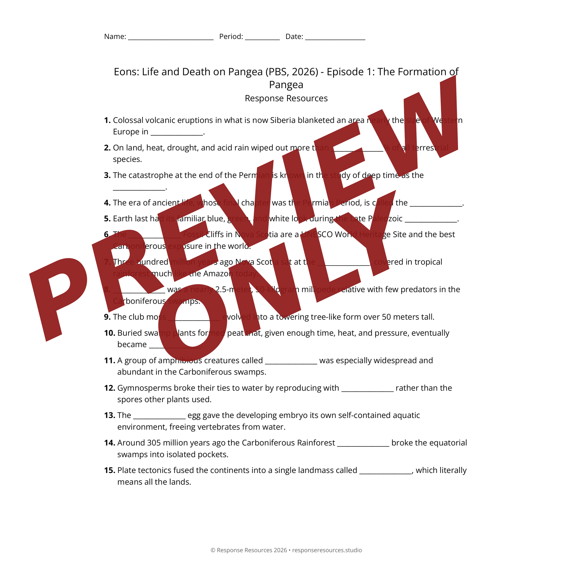 Preview page from Eons: Life and Death on Pangea (PBS, 2026) — fill-in-the-blank documentary worksheet for Earth Science