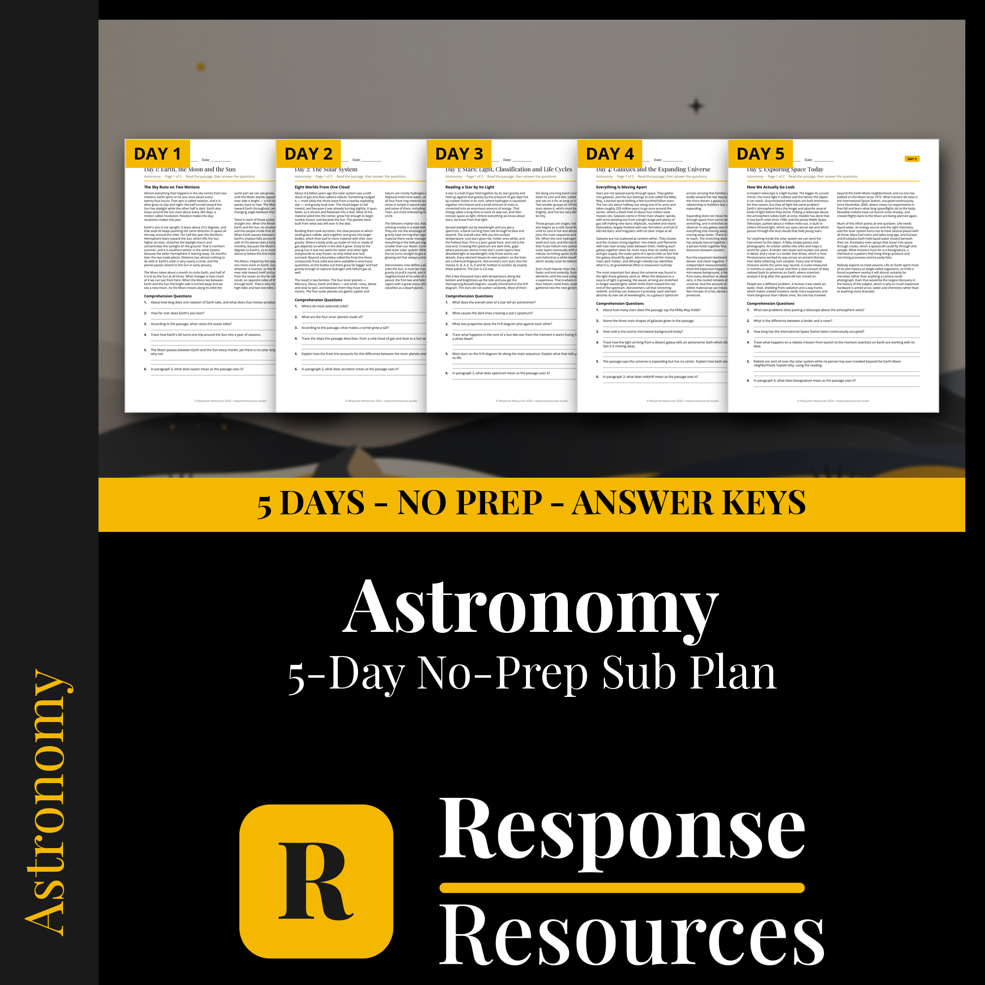 Response Resources 5-day no-prep Astronomy substitute plan cover