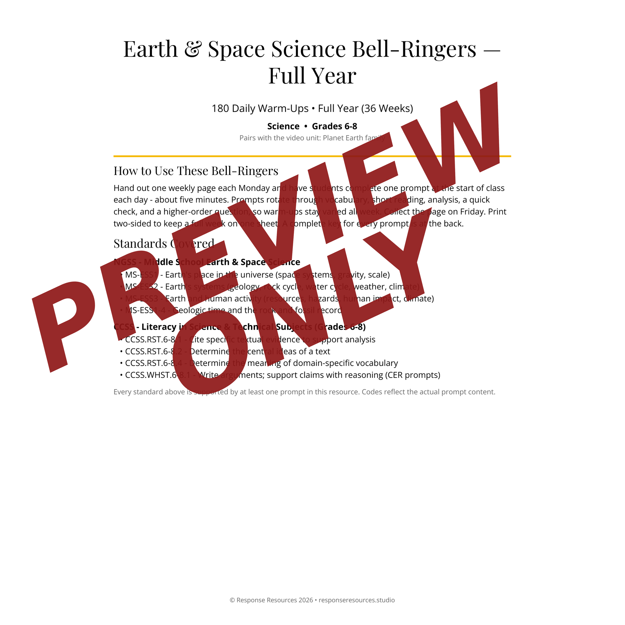 Preview page of Earth & Space Science Bell-Ringers — Full Year