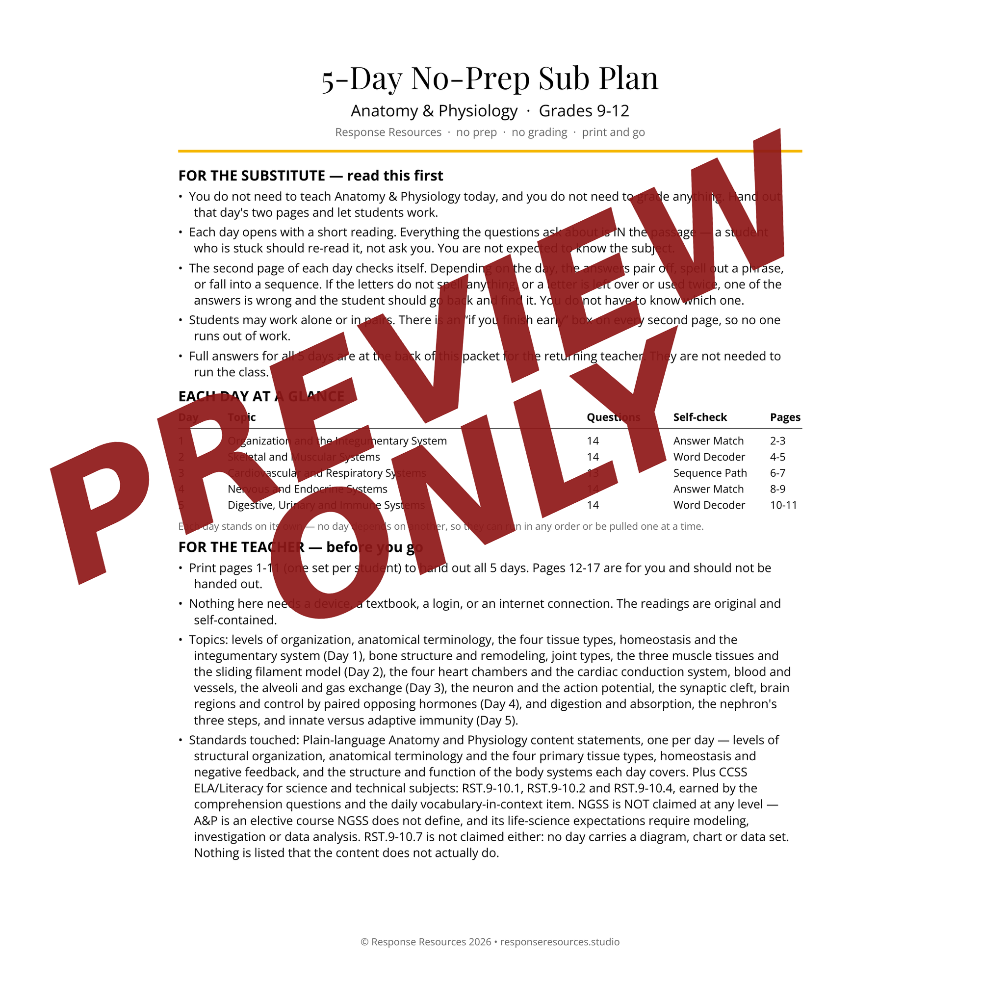 Preview of the Anatomy & Physiology sub plan — Sub & Teacher Notes page