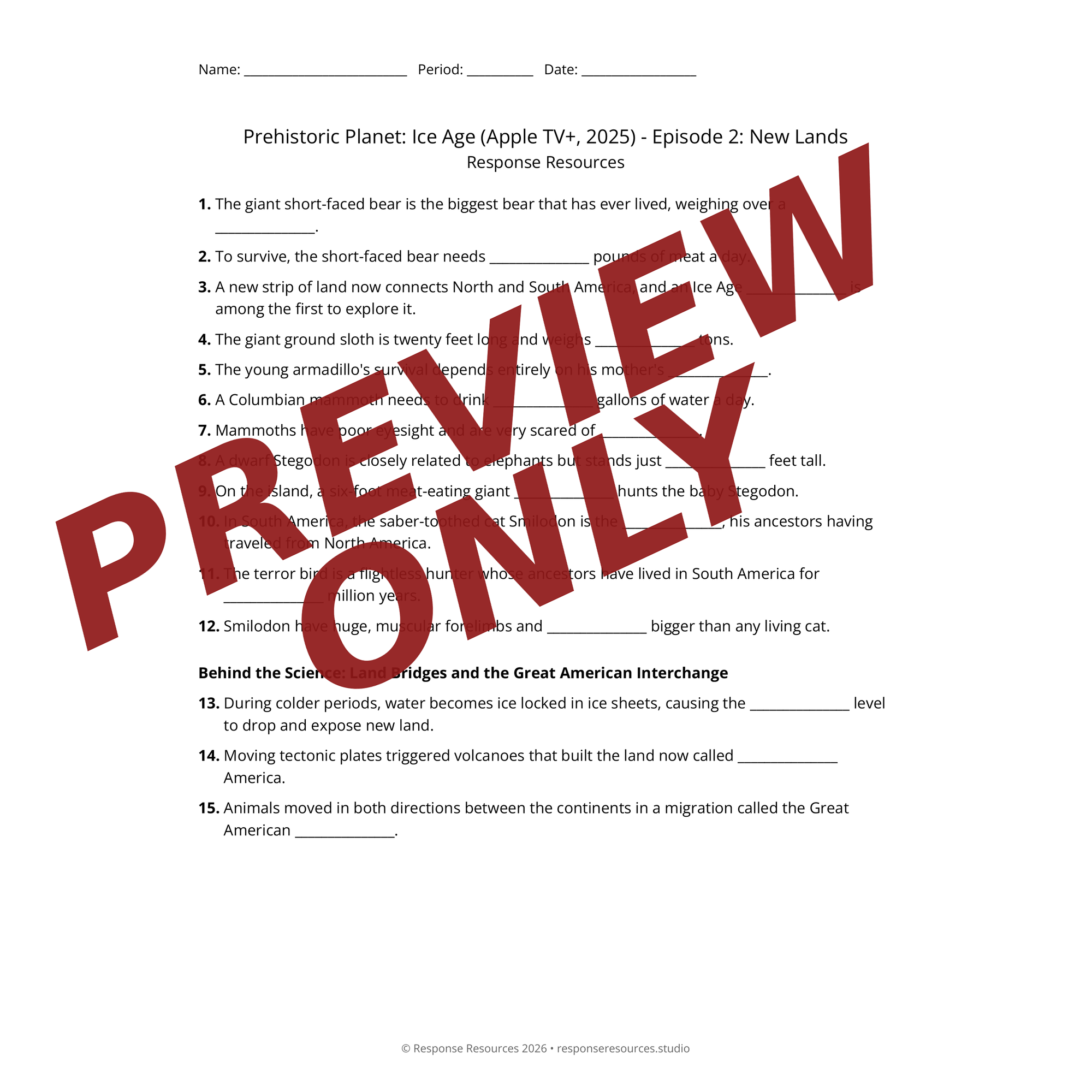 Preview of Prehistoric Planet: Ice Age (Apple TV+, 2025) - Episode 2: New Lands worksheet — fill-in-the-blank documentary worksheet for Earth Science