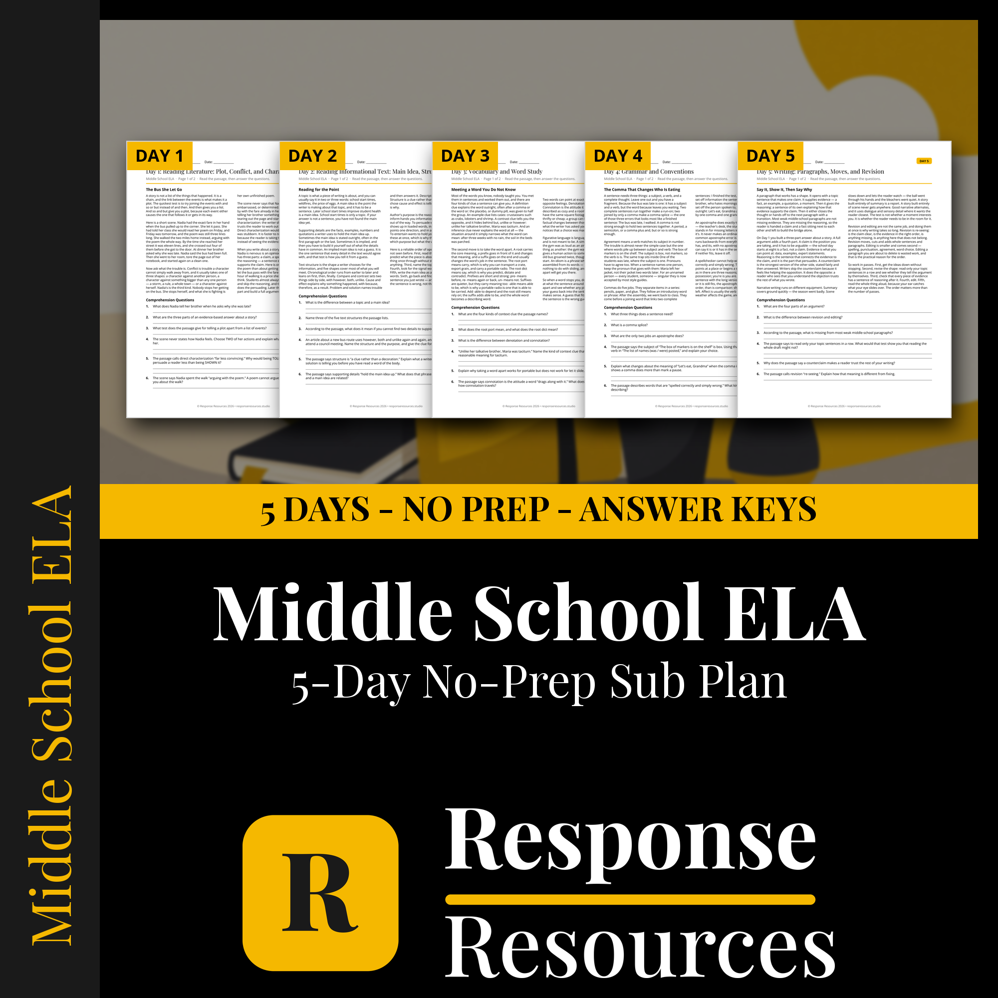 Response Resources 5-day no-prep English Language Arts substitute plan cover