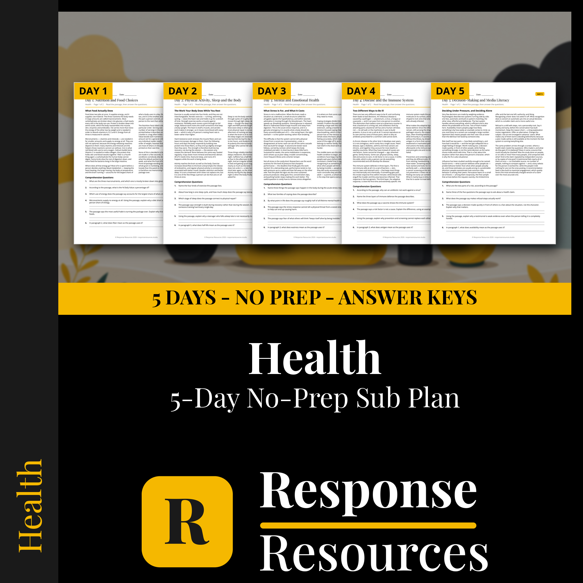Response Resources 5-day no-prep Health substitute plan cover