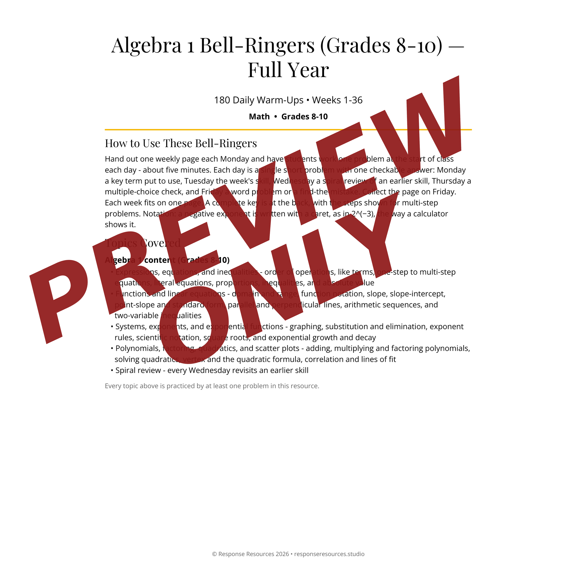 Preview page of Algebra 1 Bell-Ringers (Grades 8-10) — Full Year