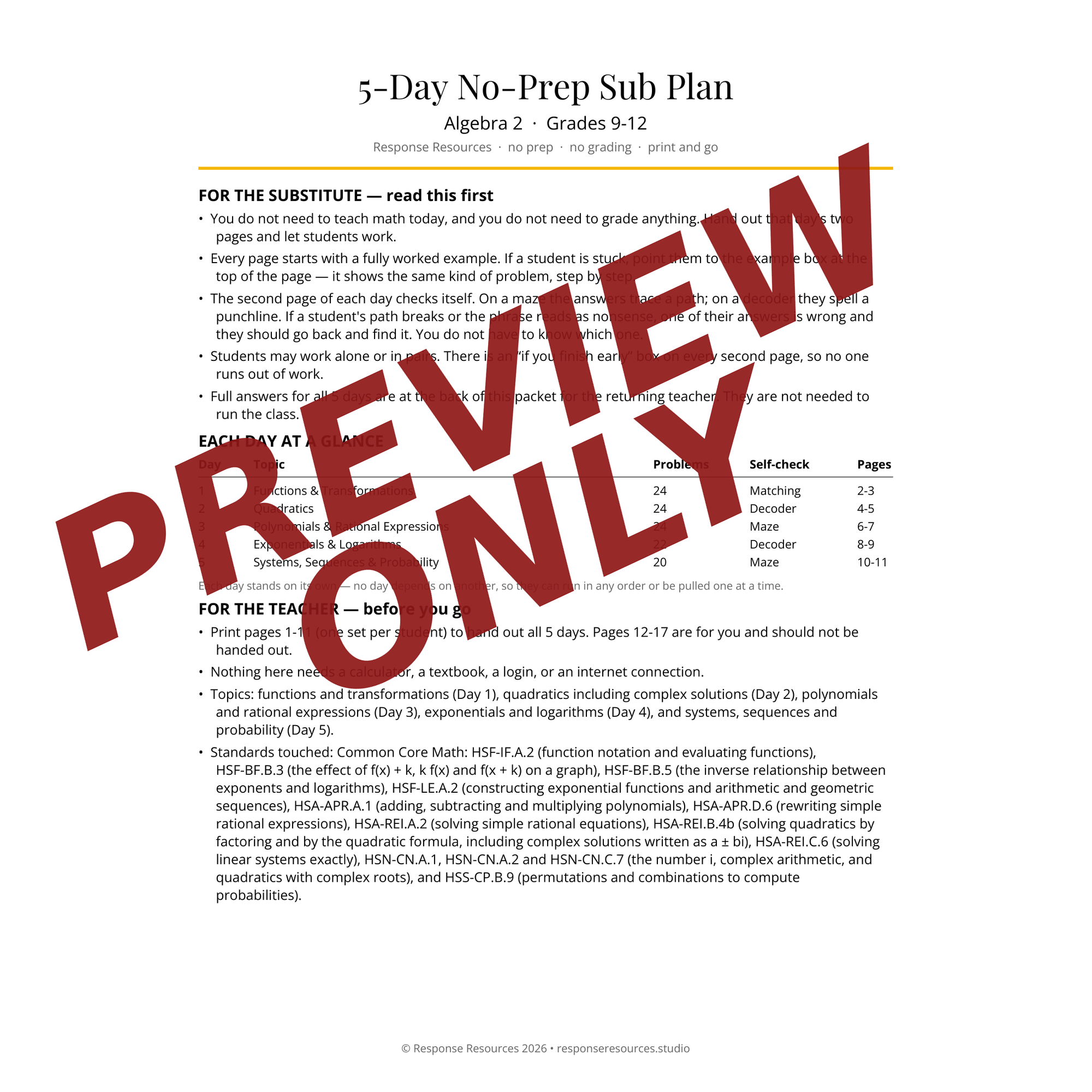 Preview of the Algebra 2 sub plan — Sub & Teacher Notes page