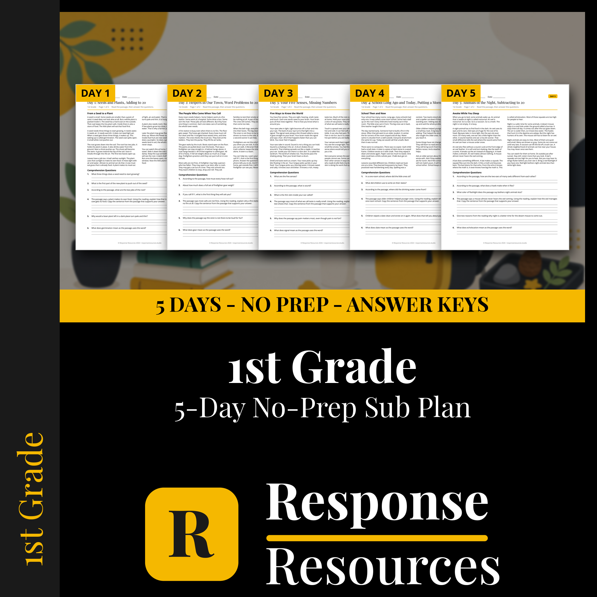 Response Resources 5-day no-prep 1st Grade substitute plan cover