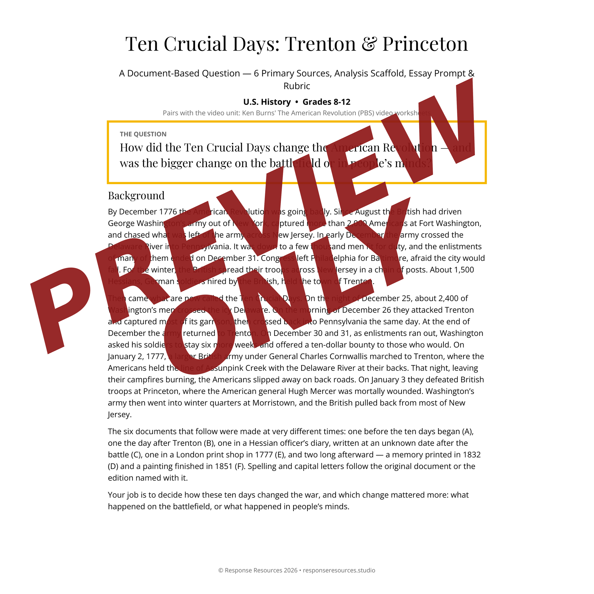 Preview page of the Ten Crucial Days: Trenton & Princeton DBQ