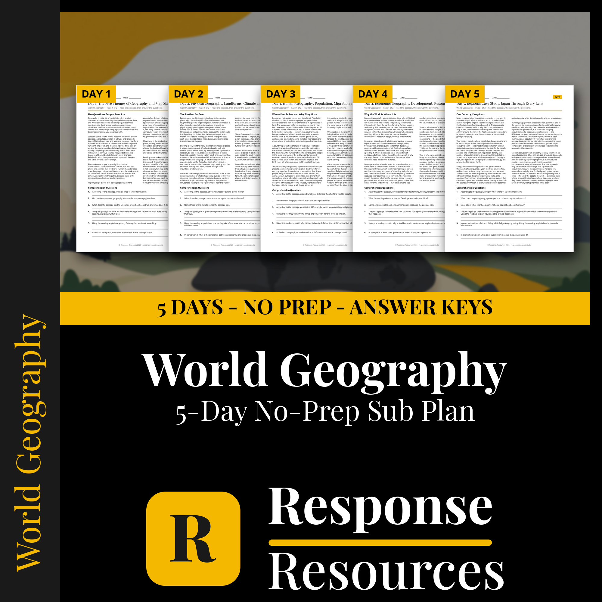 Response Resources 5-day no-prep World Geography substitute plan cover