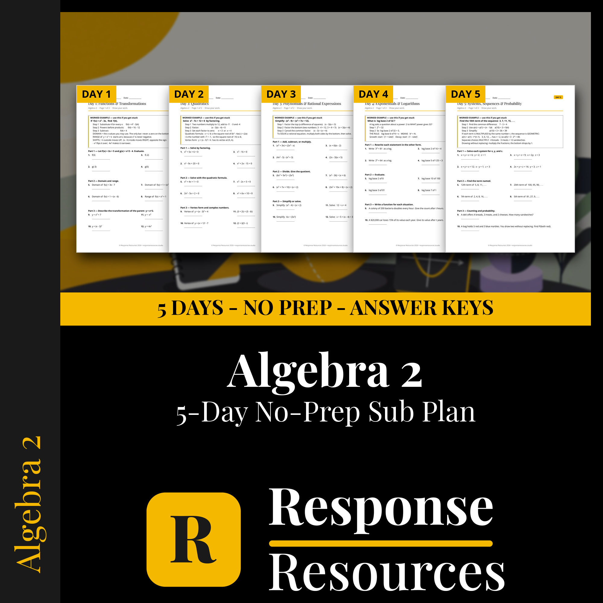 Response Resources 5-day no-prep Algebra 2 substitute plan cover