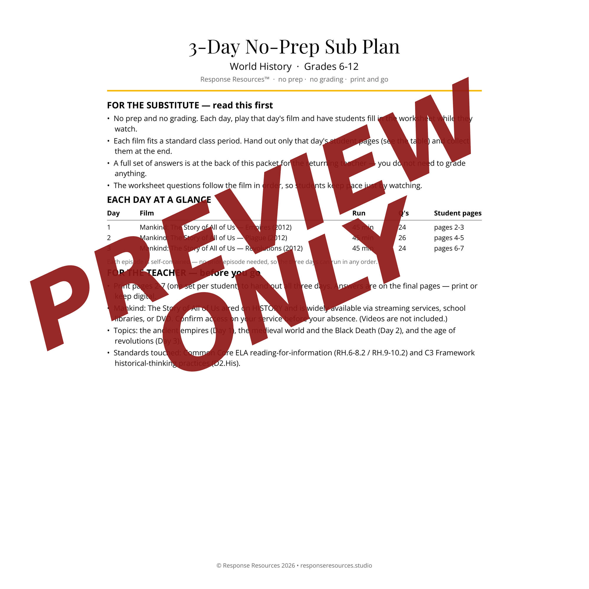Preview of the World History sub plan — Sub & Teacher Notes page