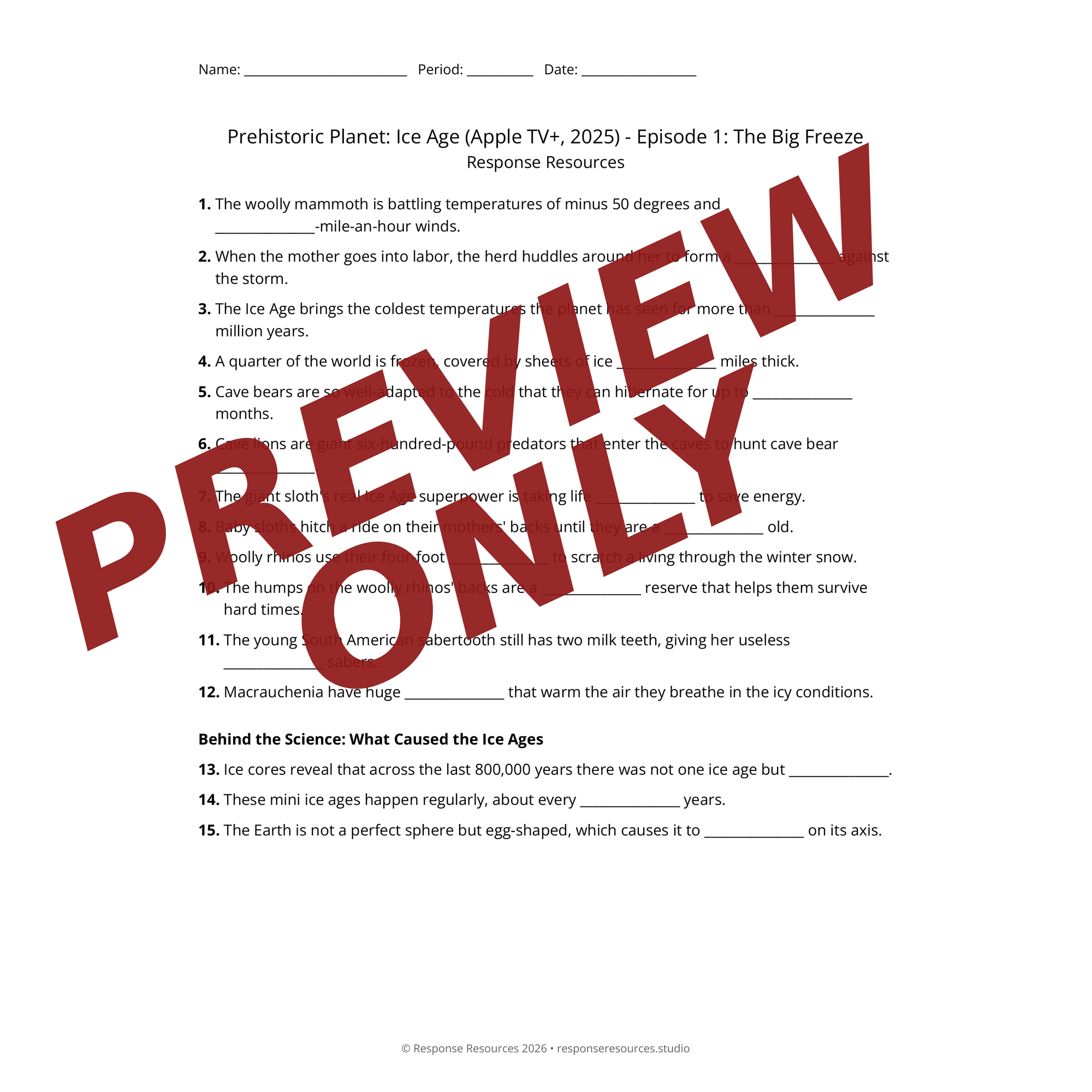 Preview of Prehistoric Planet: Ice Age (Apple TV+, 2025) - Episode 1: The Big Freeze worksheet — fill-in-the-blank documentary worksheet for Earth Science