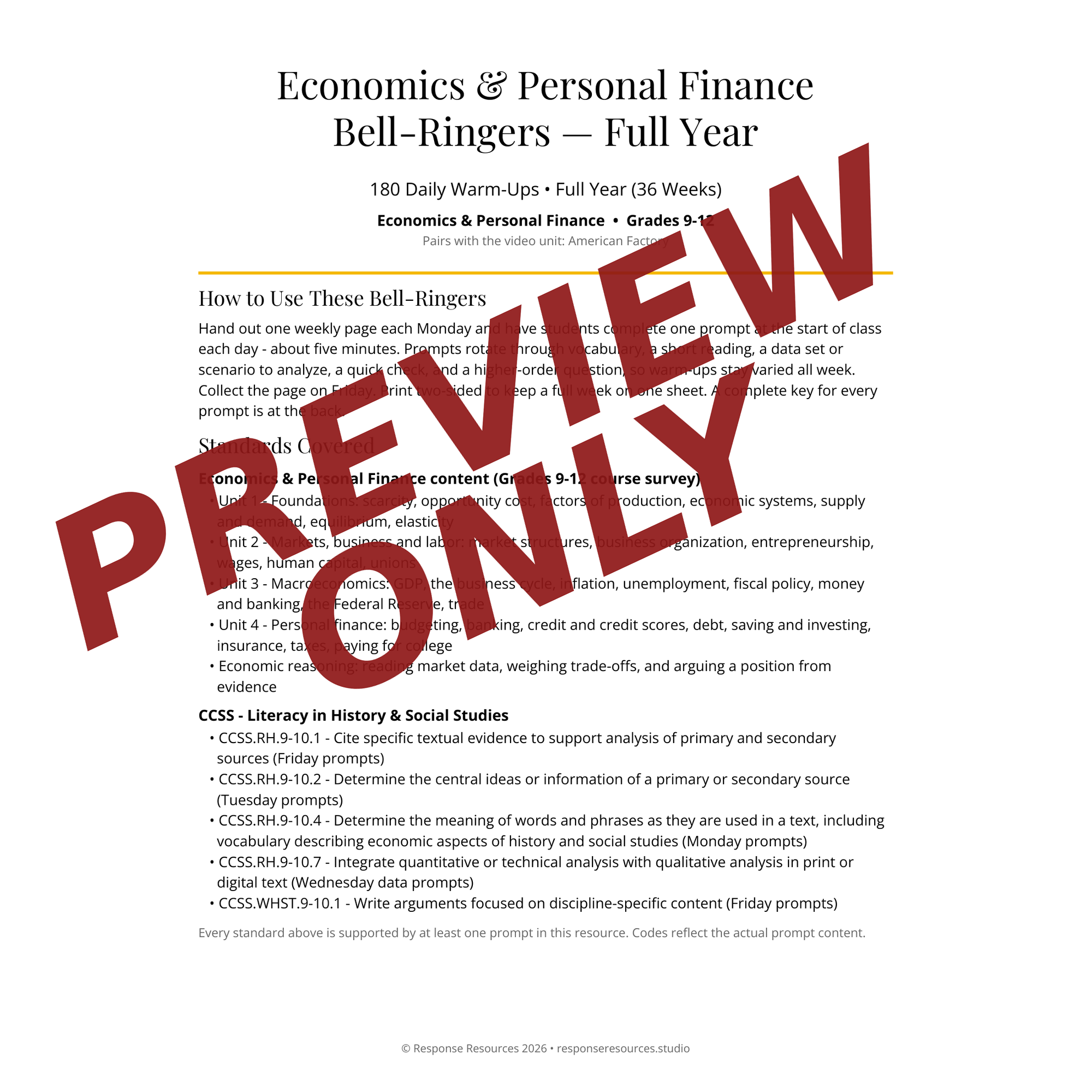Preview page of Economics & Personal Finance Bell-Ringers — Full Year