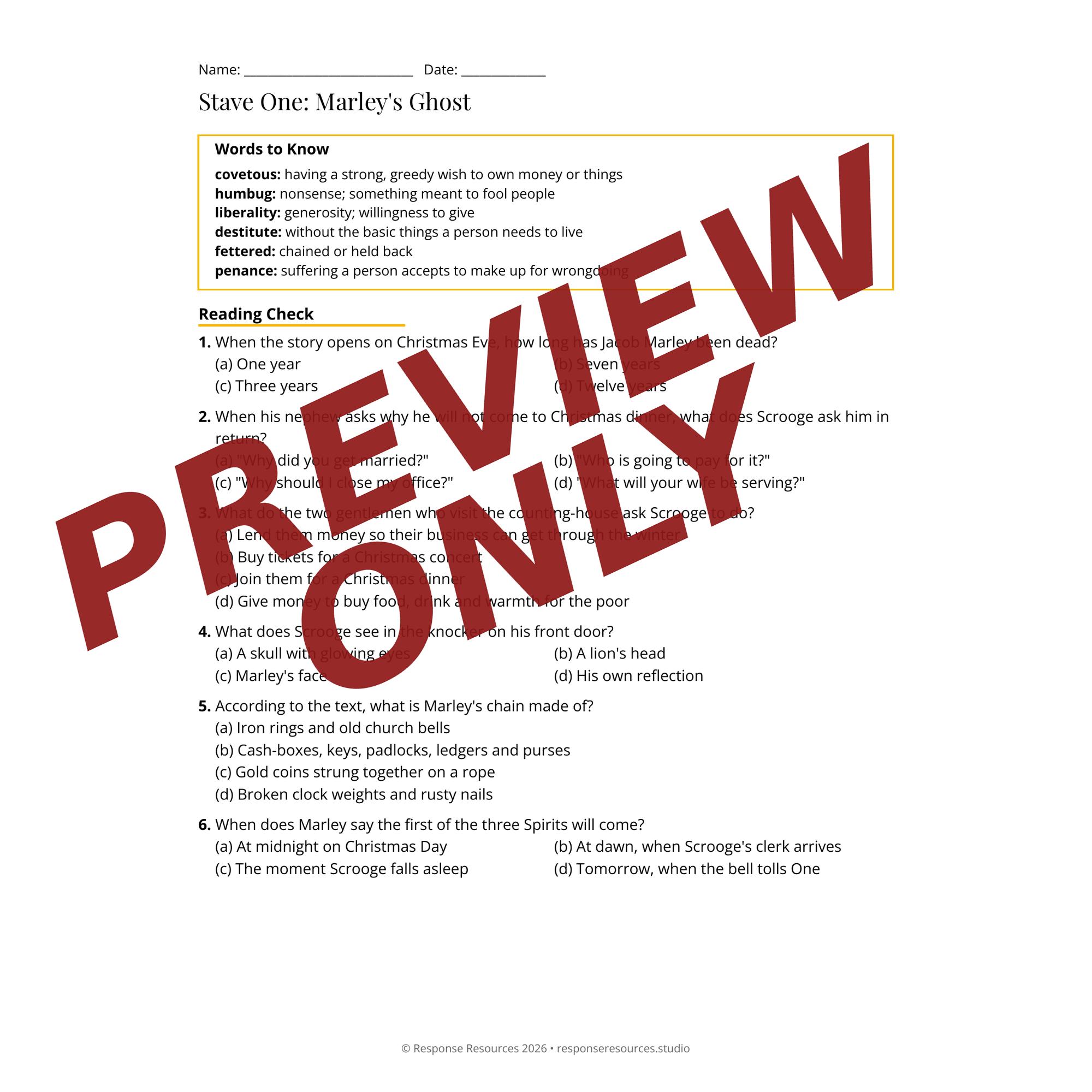 A Christmas Carol novel study preview — vocabulary and reading questions, grades 8-10