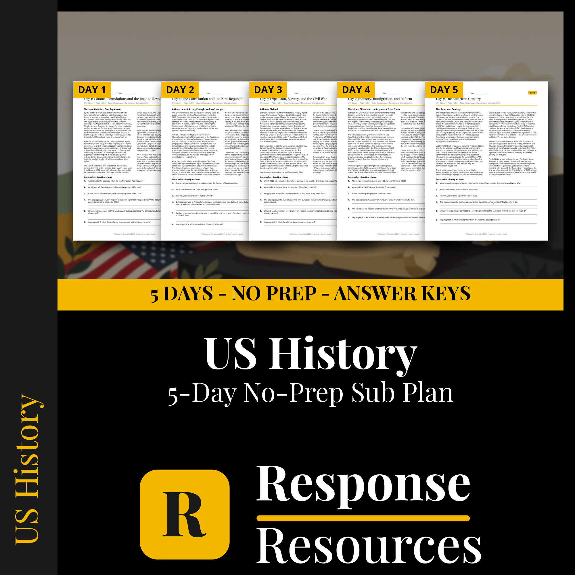 Response Resources 5-day no-prep US History substitute plan cover