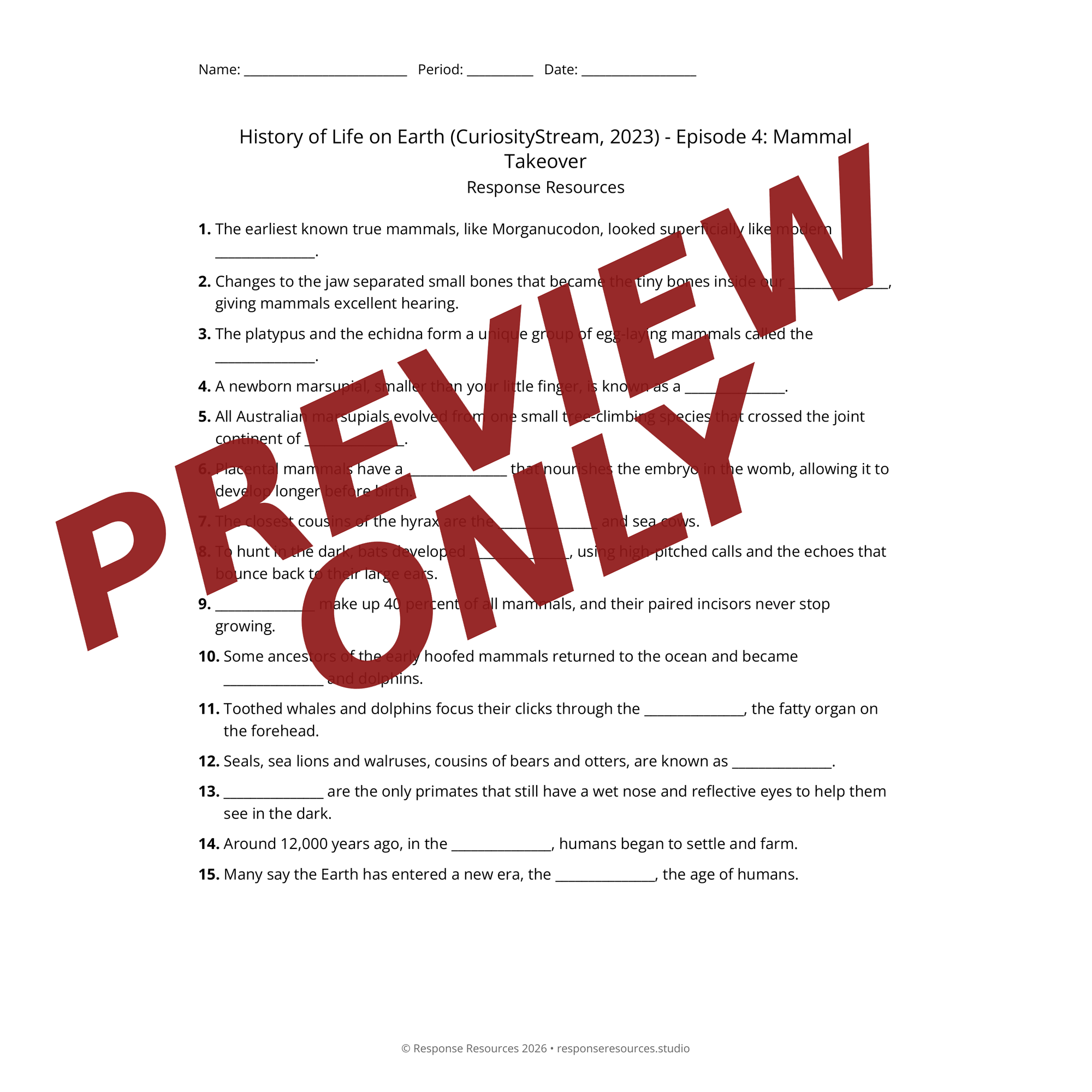 Part of the History of Life on Earth (CuriosityStream, 2023) worksheet set from Response Resources.