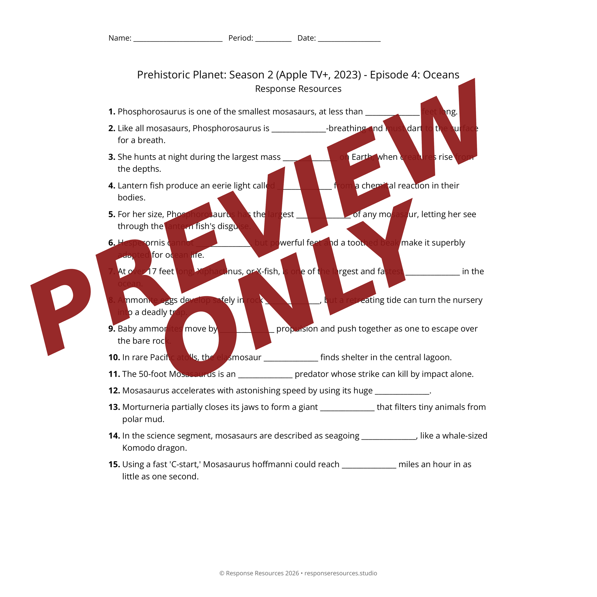 Preview of Prehistoric Planet: Season 2 (Apple TV+, 2023) - Episode 4: Oceans worksheet — fill-in-the-blank documentary worksheet for Earth Science