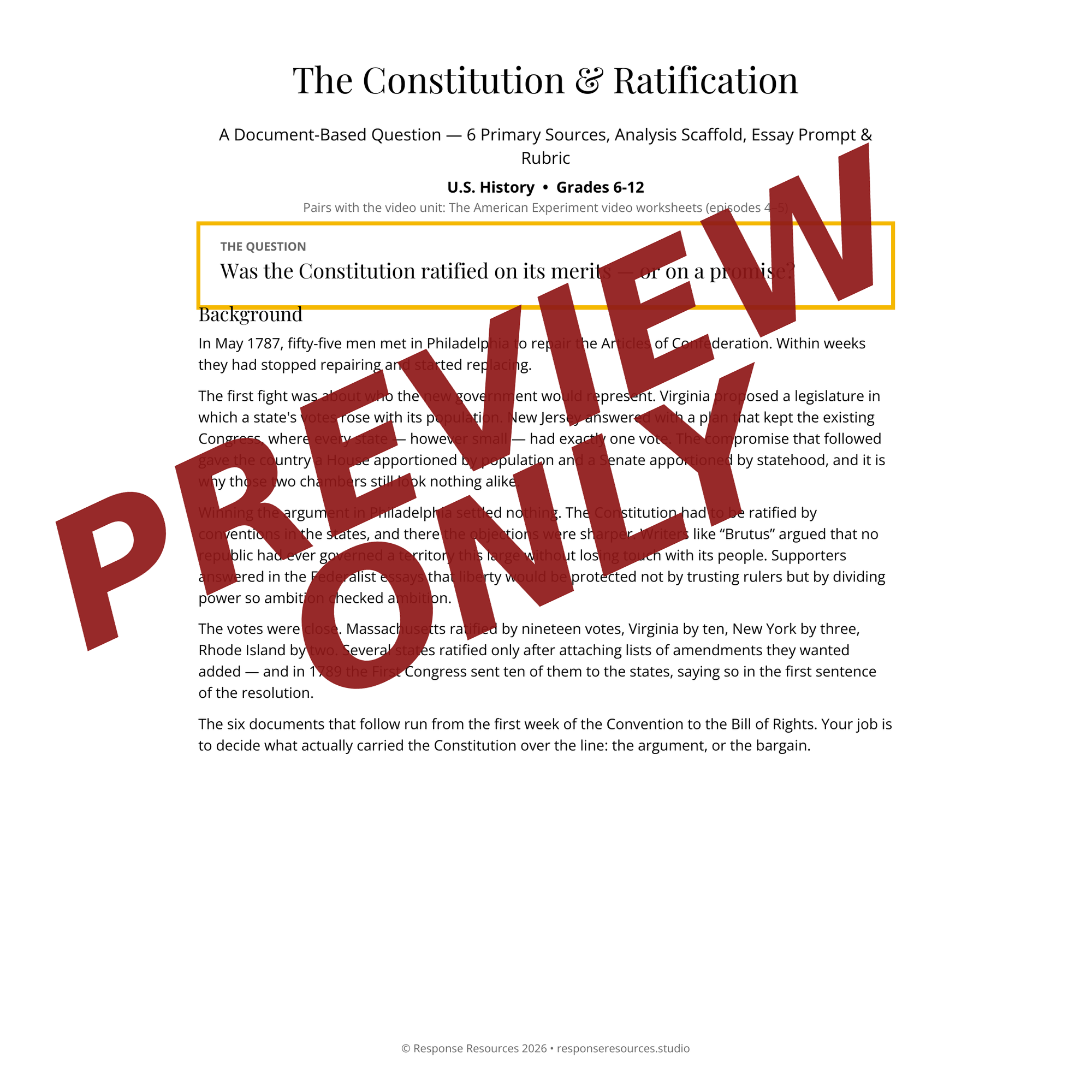 Preview page of the The Constitution & Ratification DBQ