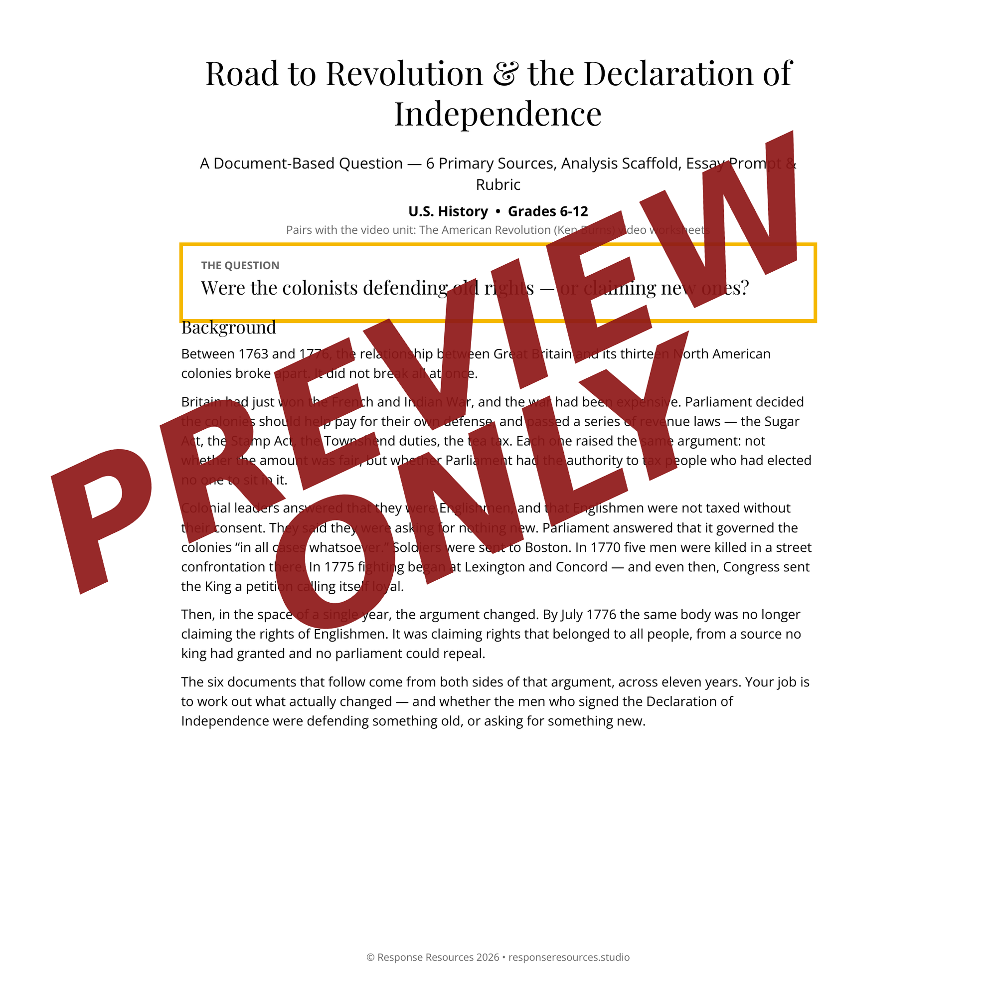 Preview page of the Road to Revolution DBQ