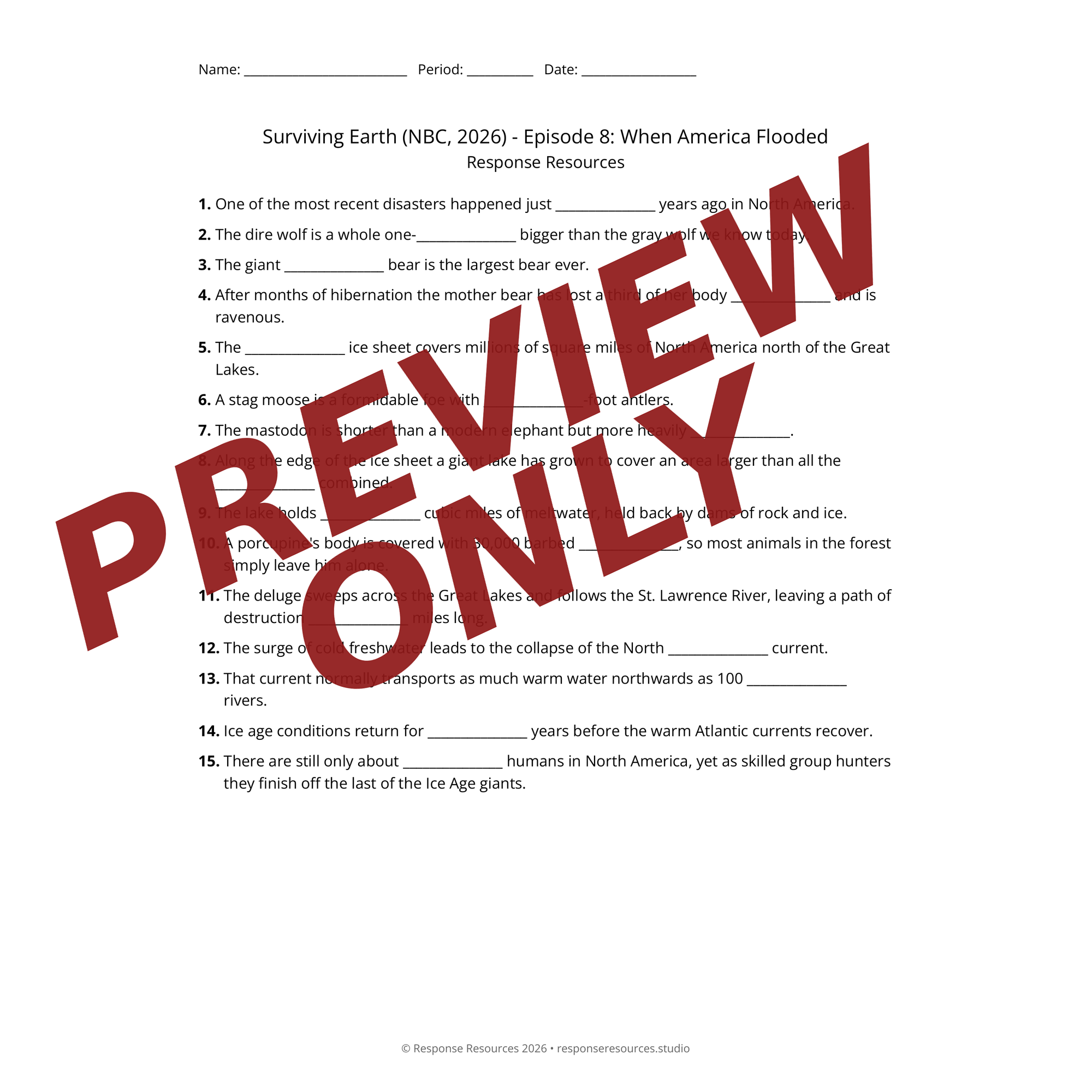 Preview of Surviving Earth (NBC, 2026) - Episode 8: When America Flooded worksheet — fill-in-the-blank documentary worksheet for Earth Science
