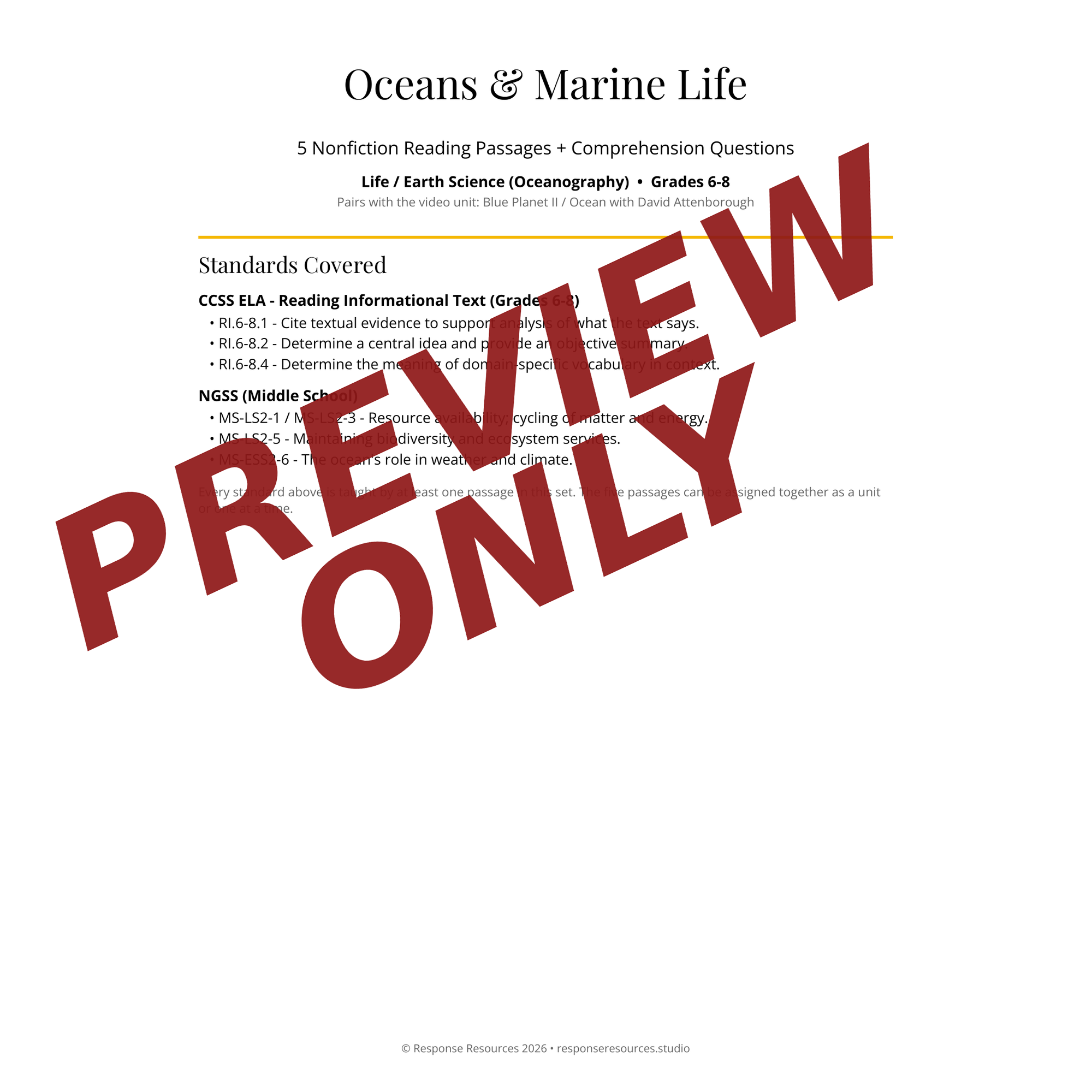 Preview page of Oceans & Marine Life reading passages