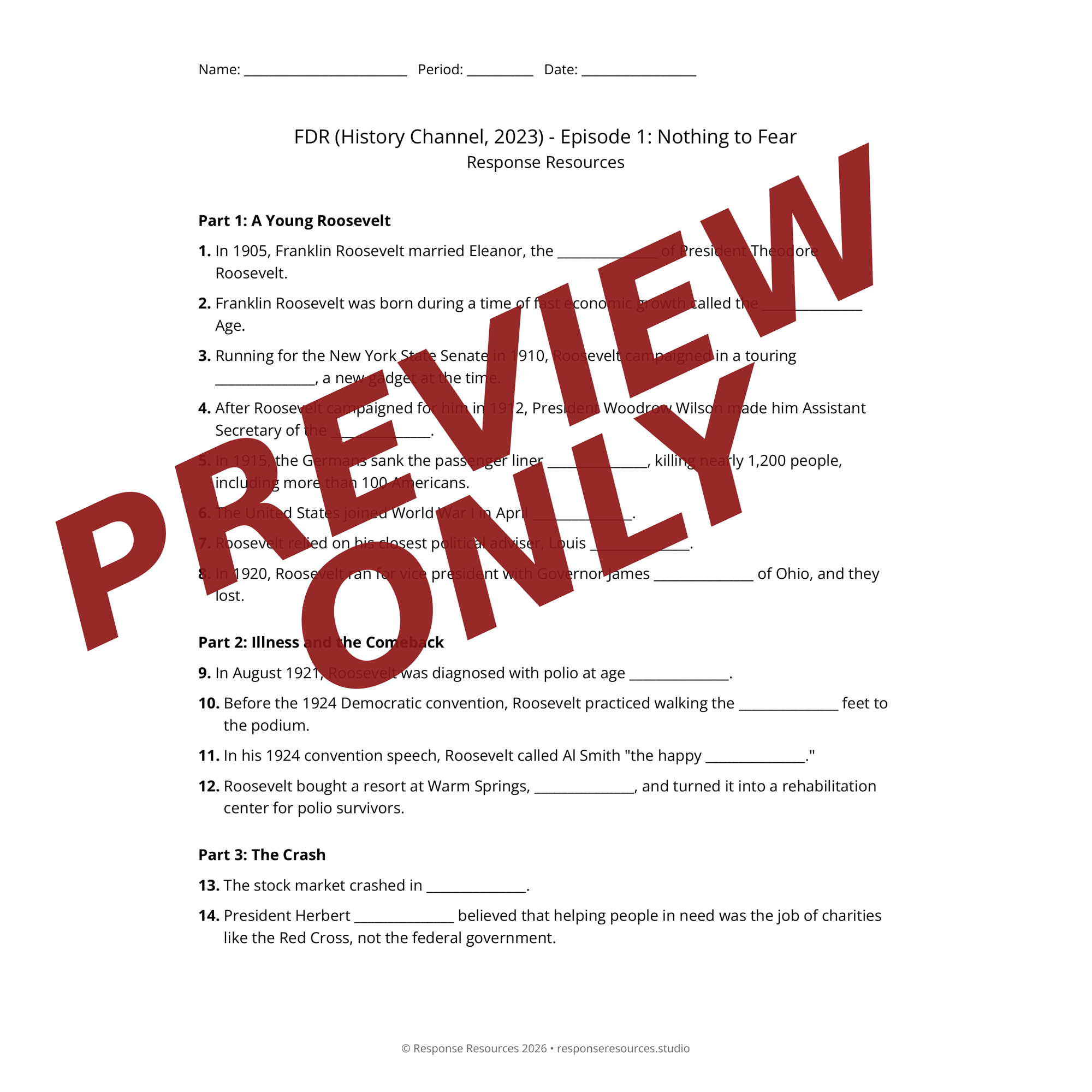 Preview page from FDR (History Channel, 2023) — fill-in-the-blank documentary worksheet for US History