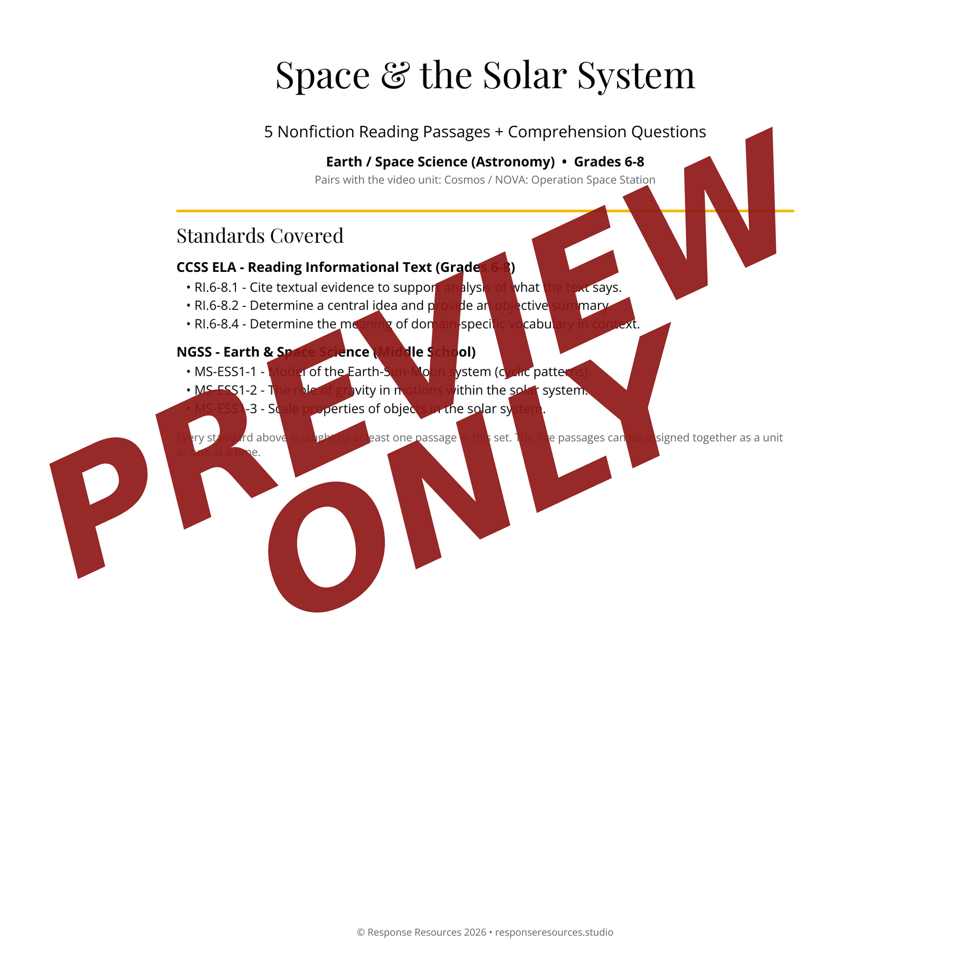 Preview page of Space & the Solar System reading passages