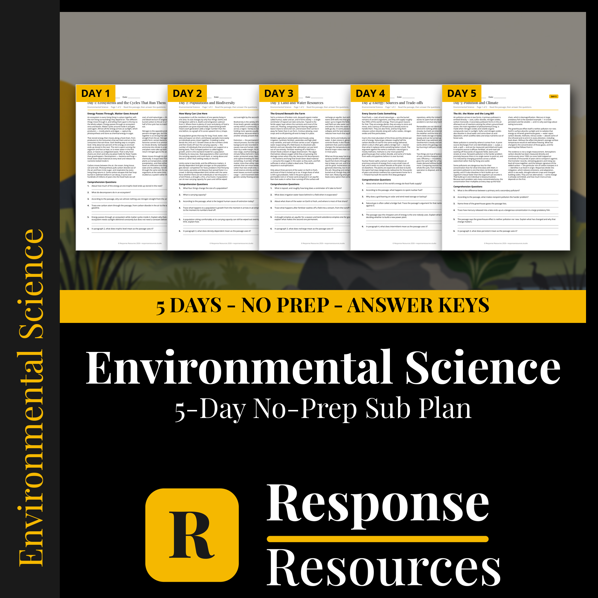 Response Resources 5-day no-prep Environmental Science substitute plan cover