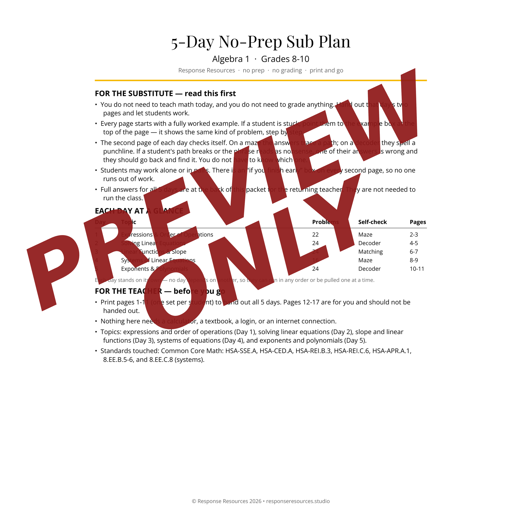 Preview of the Algebra sub plan — Sub & Teacher Notes page