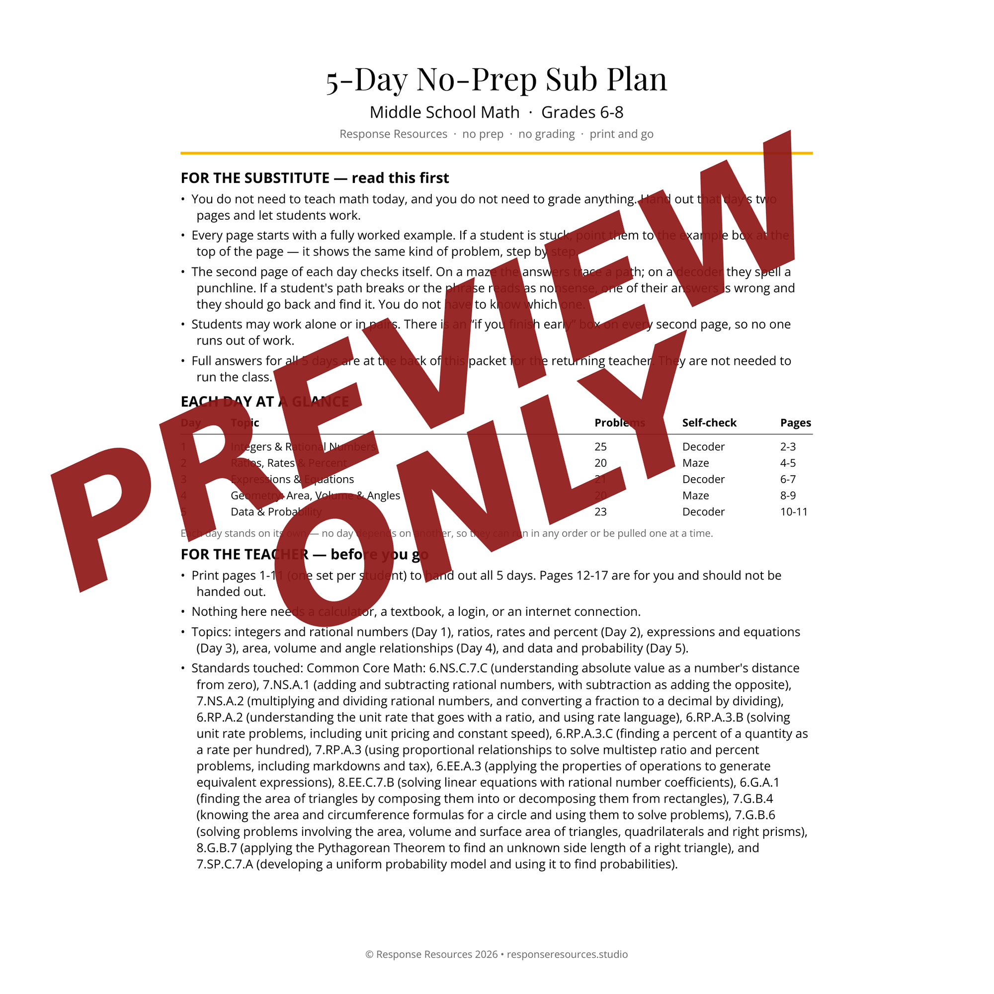 Preview of the Middle School Math sub plan — Sub & Teacher Notes page