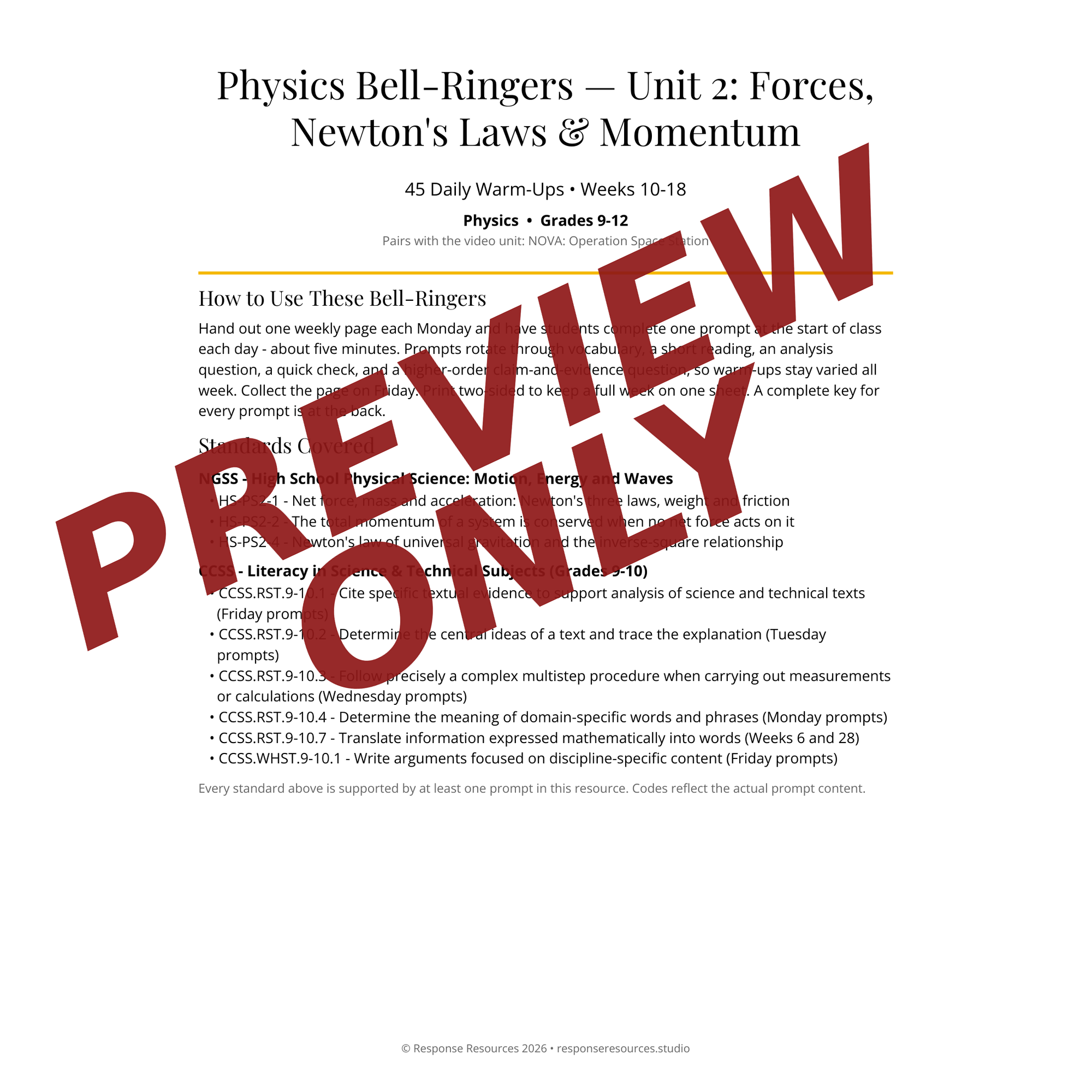 Preview page of Physics Bell-Ringers — Unit 2: Forces, Newton's Laws & Momentum