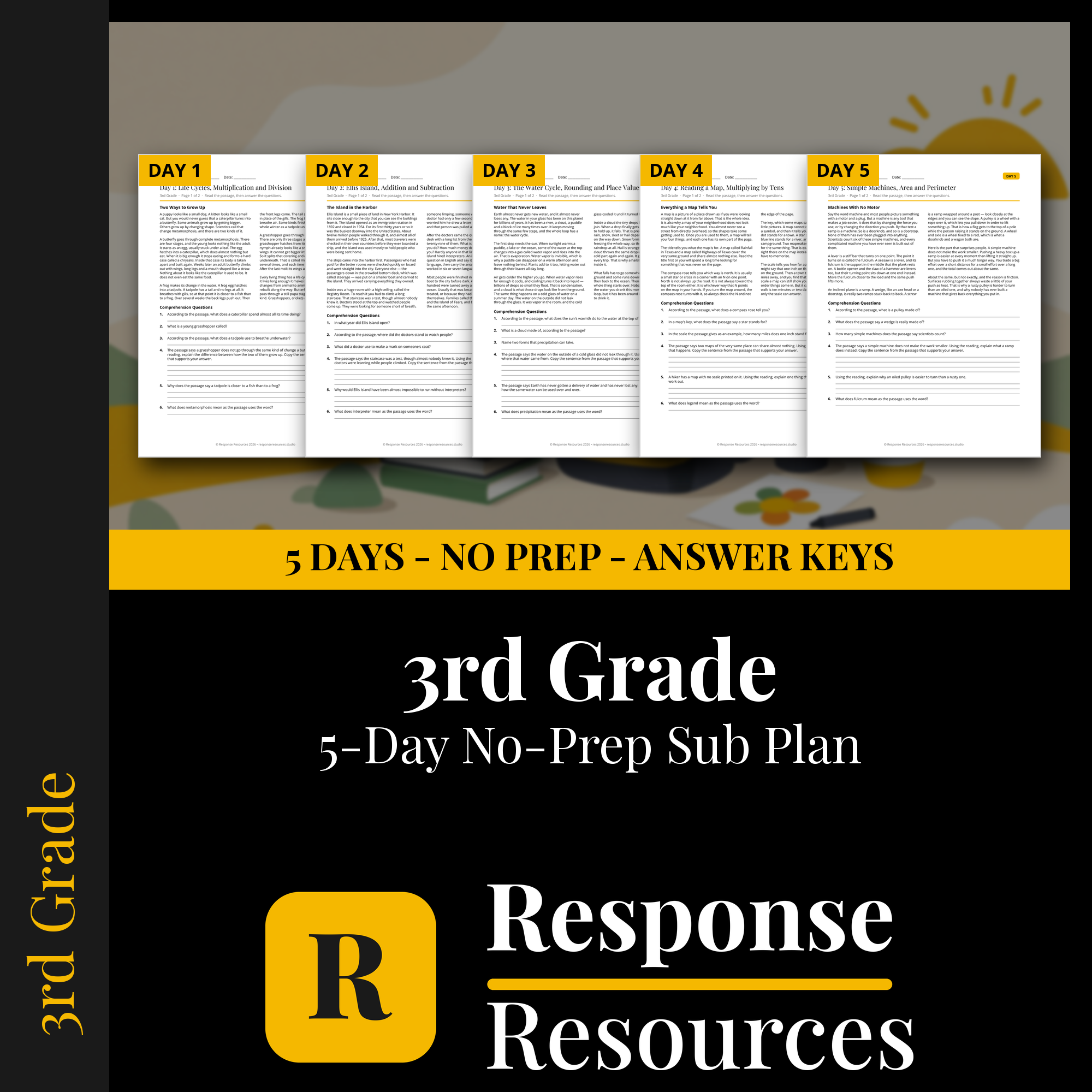 Response Resources 5-day no-prep 3rd Grade substitute plan cover