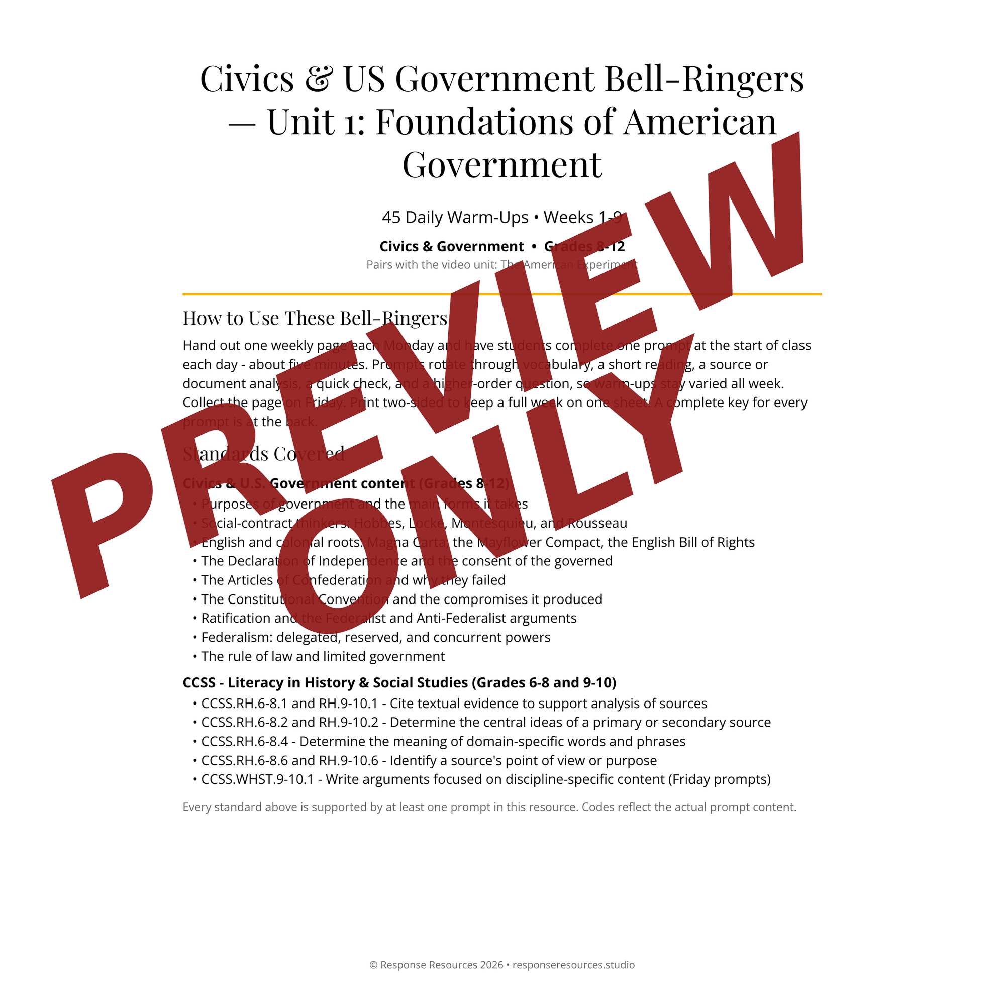 Preview page of Civics & US Government Bell-Ringers — Unit 1: Foundations of American Government