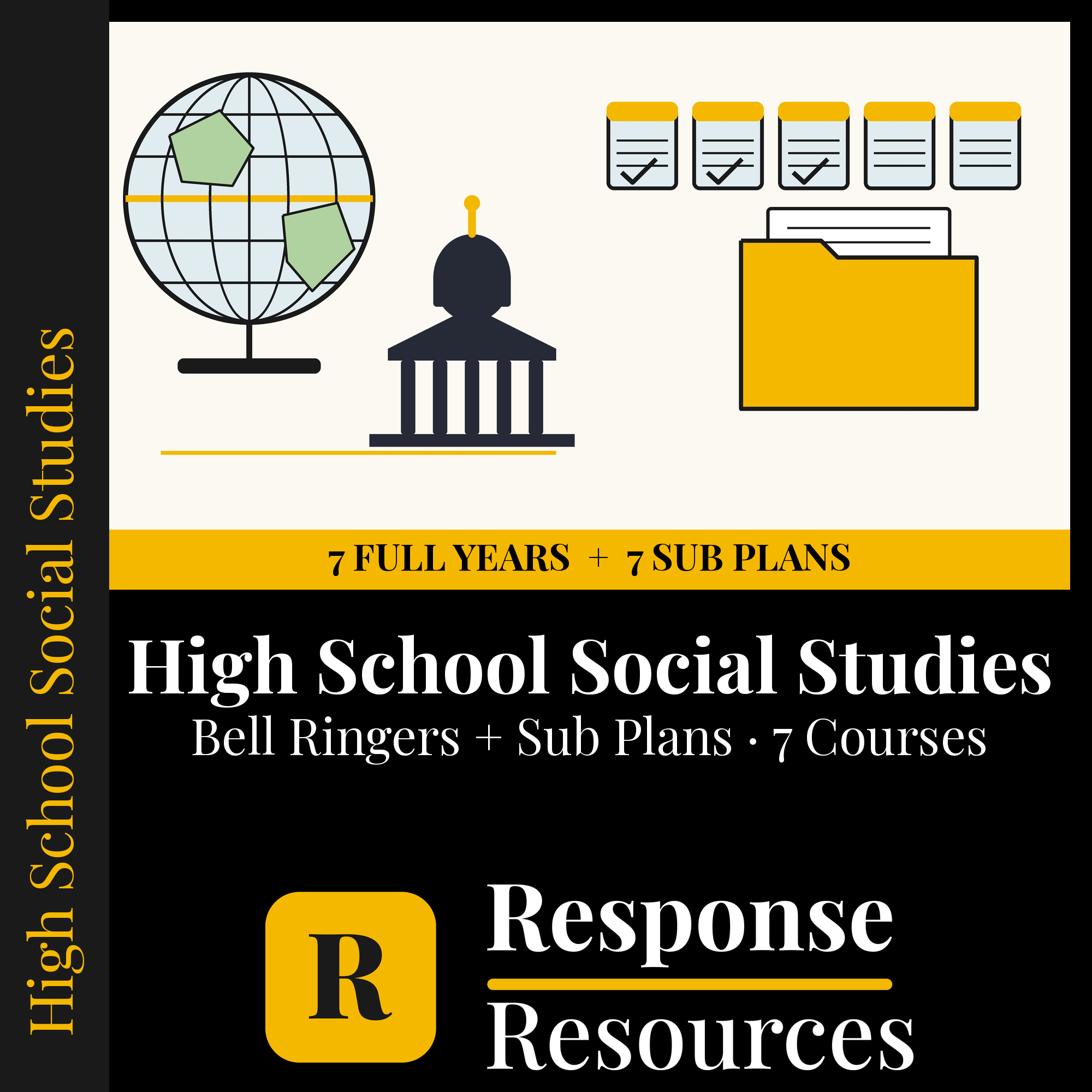 High School Social Studies Complete Bundle — Full-Year Bell Ringers + Emergency Sub Plans, 7 Courses cover — Response Resources