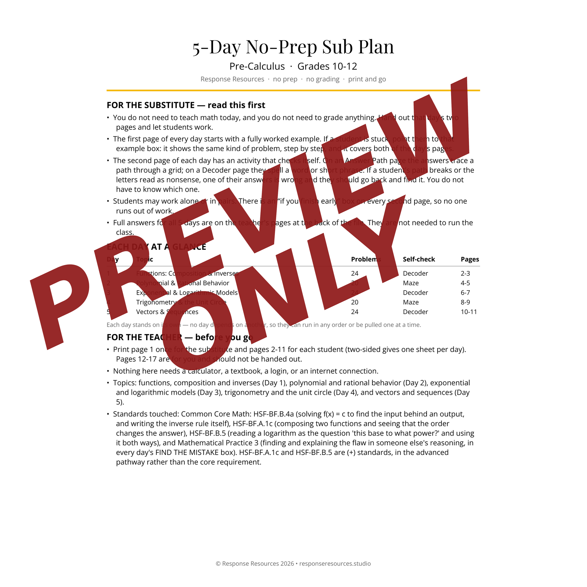 Preview of the Pre-Calculus sub plan — Sub & Teacher Notes page