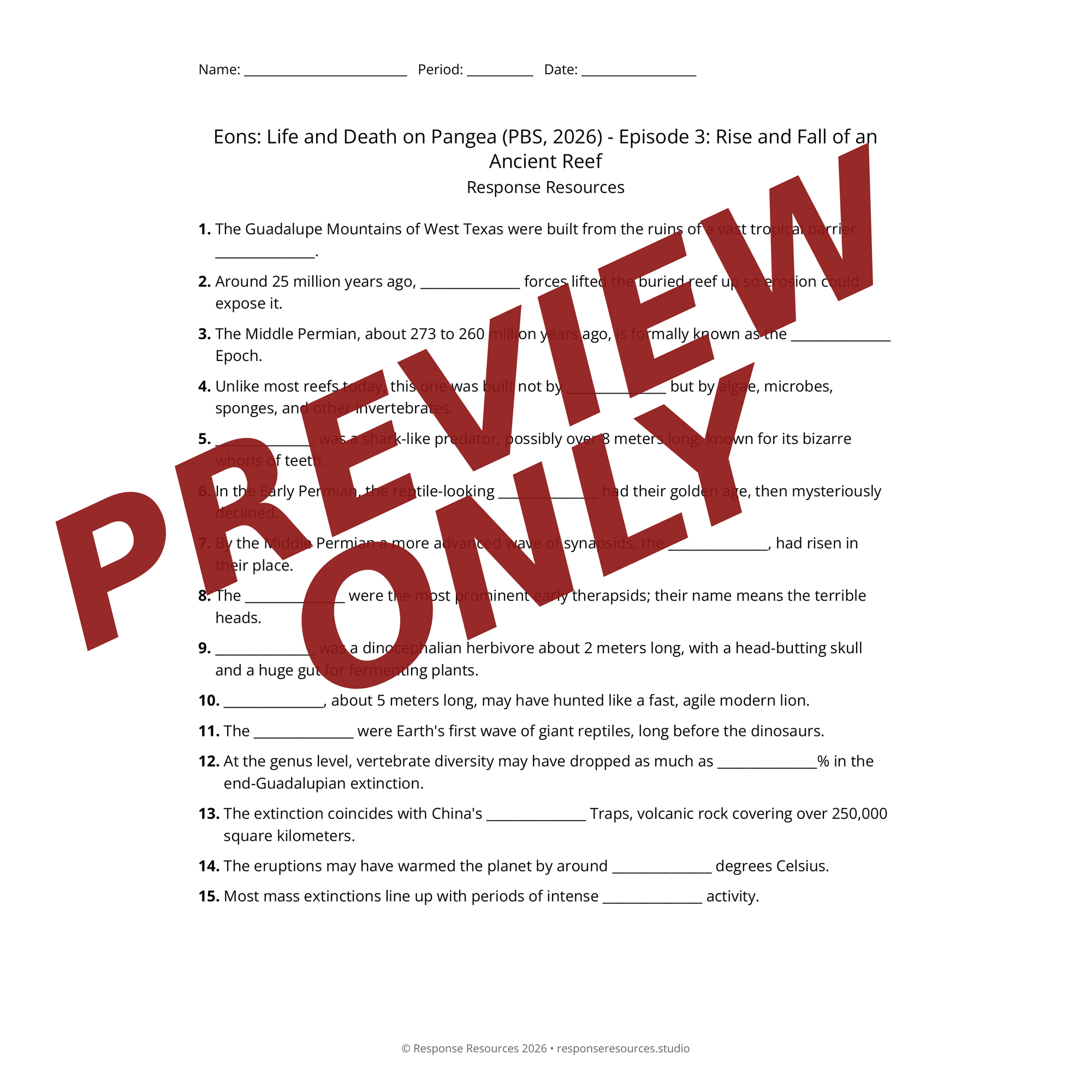 Preview of Eons: Life and Death on Pangea (PBS, 2026) - Episode 3: Rise and Fall of an Ancient Reef worksheet — fill-in-the-blank documentary worksheet for Earth Science