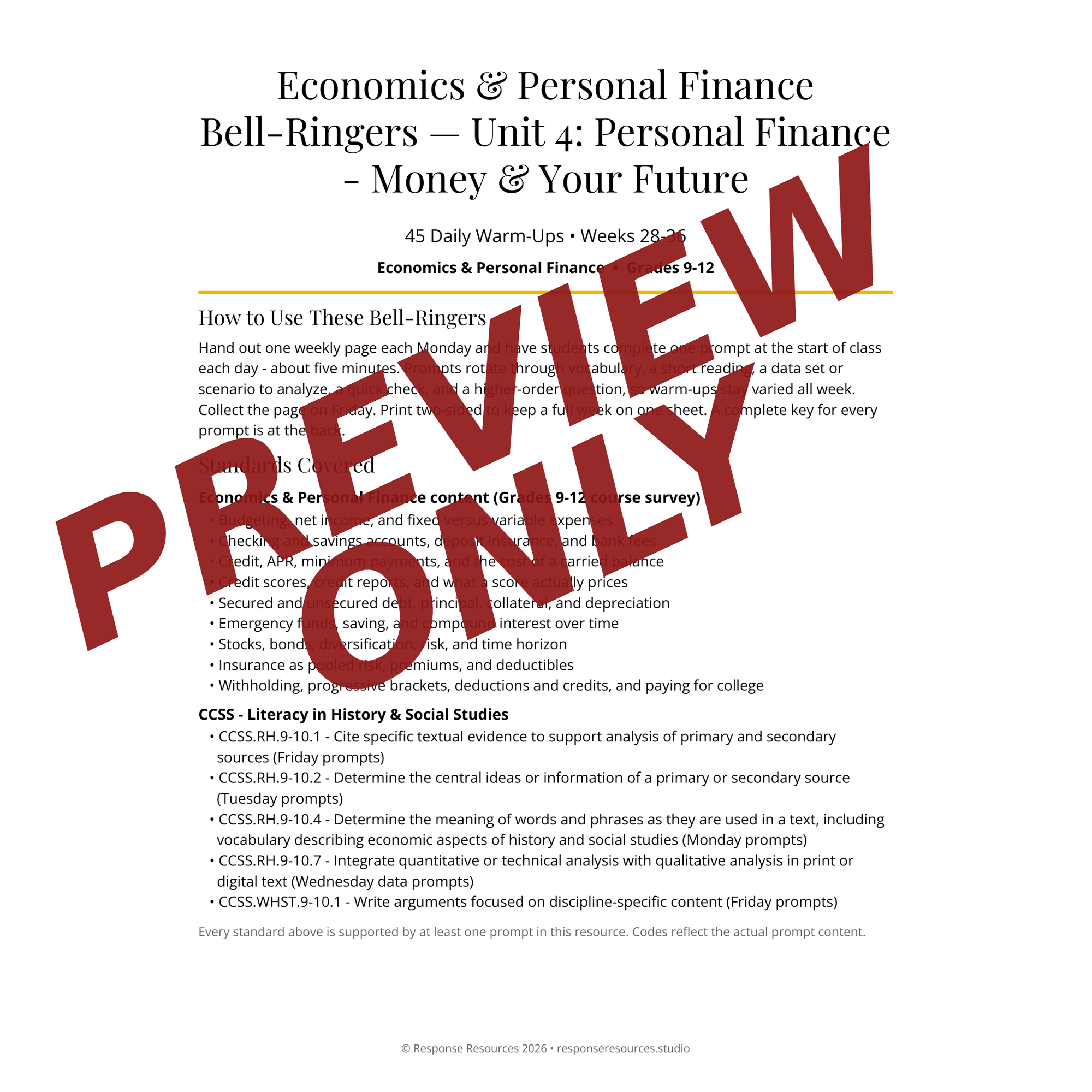 Preview page of Economics & Personal Finance Bell-Ringers — Unit 4: Personal Finance - Money & Your Future