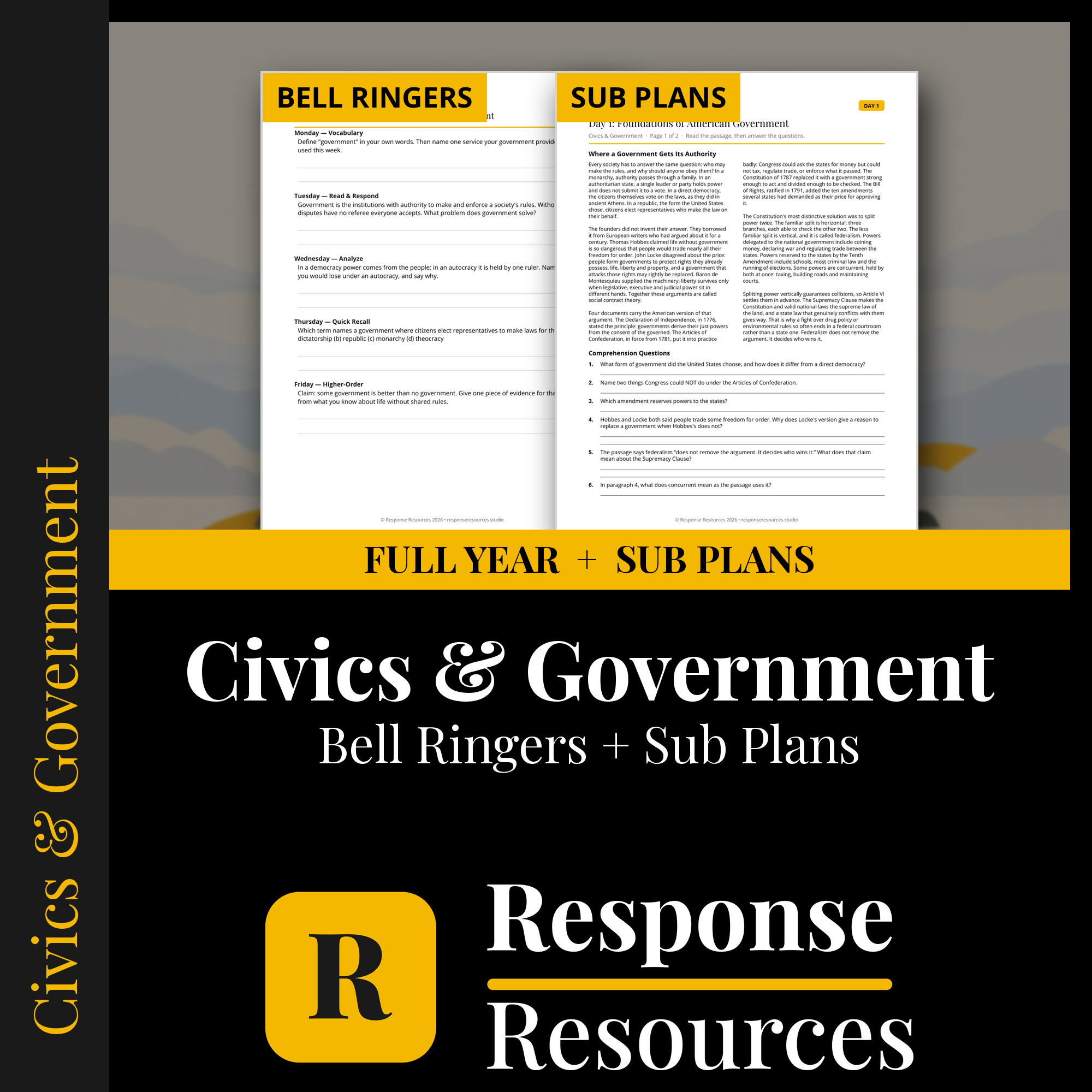 Civics & Government — Full-Year Bell Ringers + 5-Day Emergency Sub Plans cover — Response Resources