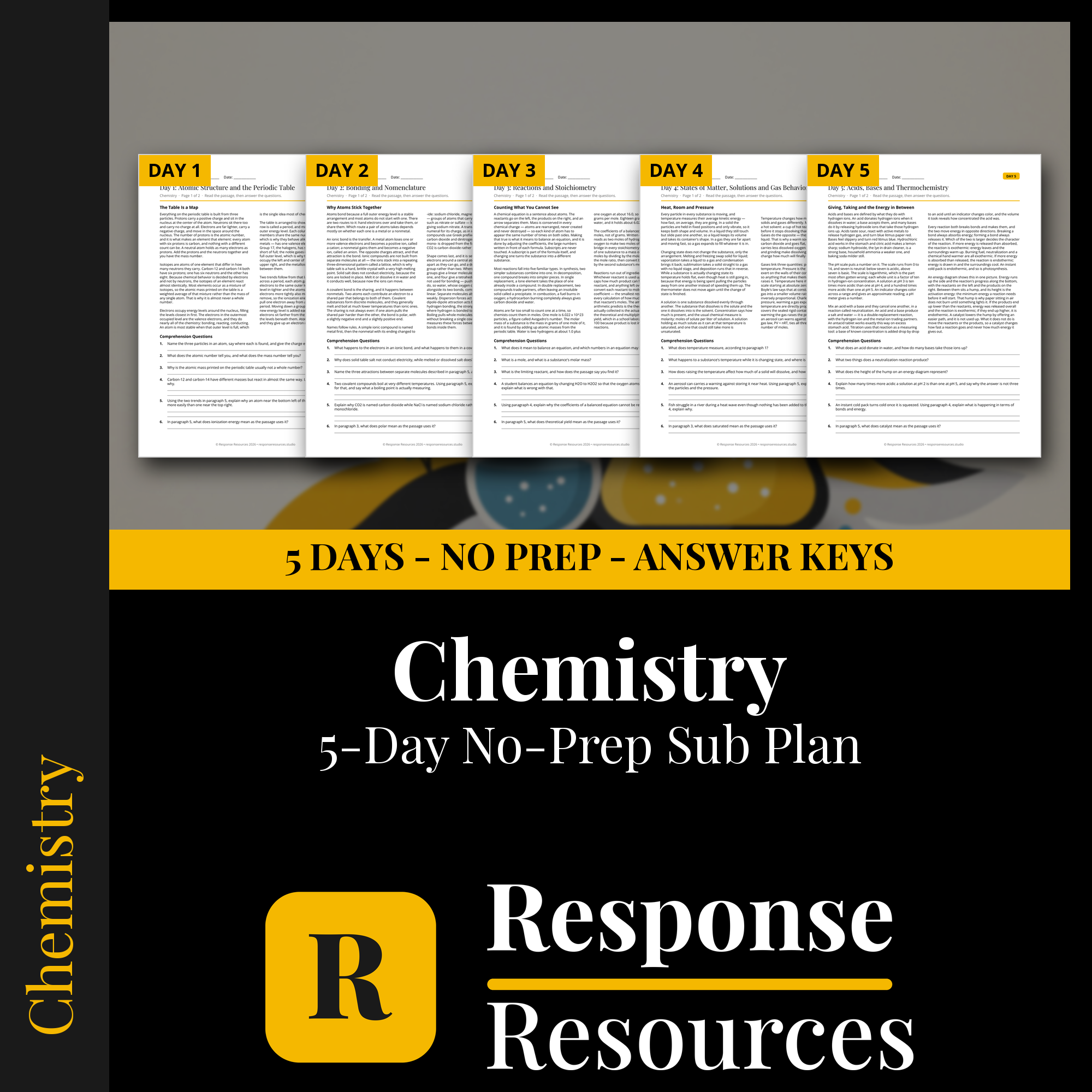 Response Resources 5-day no-prep Chemistry substitute plan cover