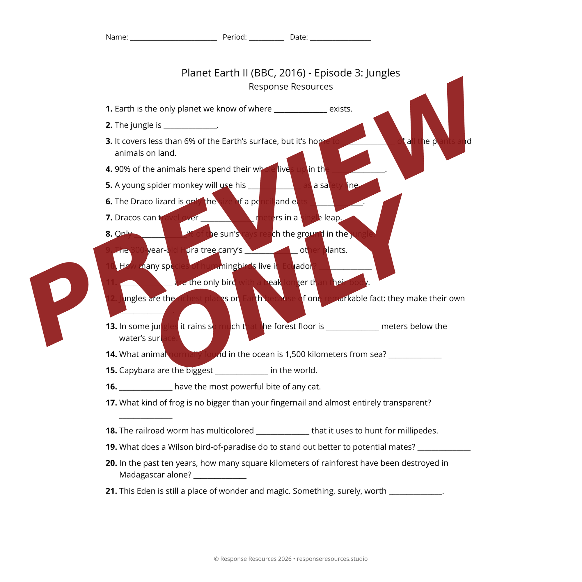 Preview of Planet Earth II (BBC, 2016) - Episode 3: Jungles worksheet — fill-in-the-blank documentary worksheet for Environmental Science